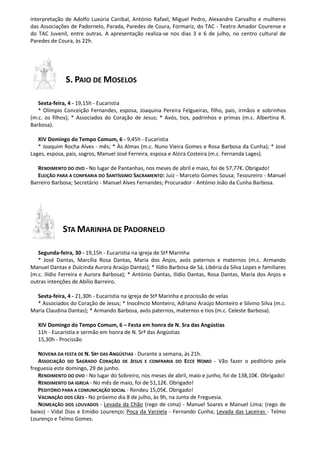 interpretação de Adolfo Luxúria Canibal, António Rafael, Miguel Pedro, Alexandre Carvalho e mulheres
das Associações de Padornelo, Parada, Paredes de Coura, Formariz, do TAC - Teatro Amador Courense e
do TAC Juvenil, entre outras. A apresentação realiza-se nos dias 3 e 6 de julho, no centro cultural de
Paredes de Coura, às 22h.
S. PAIO DE MOSELOS
Sexta-feira, 4 - 19,15h - Eucaristia
* Olímpio Conceição Fernandes, esposa, Joaquina Pereira Felgueiras, filho, pais, irmãos e sobrinhos
(m.c. os filhos); * Associados do Coração de Jesus; * Avós, tios, padrinhos e primas (m.c. Albertina R.
Barbosa).
XIV Domingo do Tempo Comum, 6 - 9,45h - Eucaristia
* Joaquim Rocha Alves - mês; * Às Almas (m.c. Nuno Vieira Gomes e Rosa Barbosa da Cunha); * José
Lages, esposa, pais, sogros, Manuel José Ferreira, esposa e Alzira Costeira (m.c. Fernanda Lages).
RENDIMENTO DO OVO - No lugar de Pantanhas, nos meses de abril e maio, foi de 57,77€. Obrigado!
ELEIÇÃO PARA A CONFRARIA DO SANTÍSSIMO SACRAMENTO: Juiz - Marcelo Gomes Sousa; Tesoureiro - Manuel
Barreiro Barbosa; Secretário - Manuel Alves Fernandes; Procurador - António João da Cunha Barbosa.
STA MARINHA DE PADORNELO
Segunda-feira, 30 - 19,15h - Eucaristia na igreja de Stª Marinha
* José Dantas, Marcília Rosa Dantas, Maria dos Anjos, avós paternos e maternos (m.c. Armando
Manuel Dantas e Dulcinda Aurora Araújo Dantas); * Ilídio Barbosa de Sá, Libéria da Silva Lopes e familiares
(m.c. Ilídio Ferreira e Aurora Barbosa); * António Dantas, Ilídio Dantas, Rosa Dantas, Maria dos Anjos e
outras intenções de Abílio Barreiro.
Sexta-feira, 4 - 21,30h - Eucaristia na igreja de Stª Marinha e procissão de velas
* Associados do Coração de Jesus; * Inocêncio Monteiro, Adriano Araújo Monteiro e Silvino Silva (m.c.
Maria Claudina Dantas); * Armando Barbosa, avós paternos, maternos e tios (m.c. Celeste Barbosa).
XIV Domingo do Tempo Comum, 6 – Festa em honra de N. Sra das Angústias
11h - Eucaristia e sermão em honra de N. Srª das Angústias
15,30h - Procissão
NOVENA DA FESTA DE N. SRª DAS ANGÚSTIAS - Durante a semana, às 21h.
ASSOCIAÇÃO DO SAGRADO CORAÇÃO DE JESUS E CONFRARIA DO ECCE HOMO - Vão fazer o peditório pela
freguesia este domingo, 29 de junho.
RENDIMENTO DO OVO - No lugar do Sobreiro, nos meses de abril, maio e junho, foi de 138,10€. Obrigado!
RENDIMENTO DA IGREJA - No mês de maio, foi de 51,12€. Obrigado!
PEDITÓRIO PARA A COMUNICAÇÃO SOCIAL - Rendeu 15,05€. Obrigado!
VACINAÇÃO DOS CÃES - No próximo dia 8 de julho, às 9h, na Junta de Freguesia.
NOMEAÇÃO DOS LOUVADOS - Levada da Chão (rego de cima) - Manuel Soares e Manuel Lima; (rego de
baixo) - Vidal Dias e Emídio Lourenço; Poça da Varziela - Fernando Cunha; Levada das Laceiras - Telmo
Lourenço e Telmo Gomes.
 