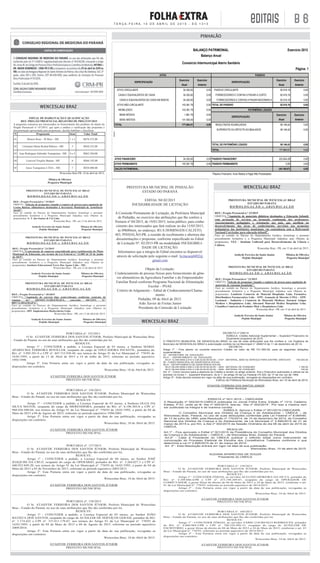 B 6T E R Ç A - F E I R A , 1 4 D E A B R I L D E 2 0 1 5 - E D. 1 3 1 3
EDITAIS
PREFEITURA MUNICIPAL DE PINHALÃO
ESTADO DO PARANÁ
EDITAL N0 02/2015
INEXIGIBILIDADE DE LICITAÇÃO
A Comissão Permanente de Licitação, da Prefeitura Municipal
de Pinhalão, no exercício das atribuições que lhe confere a
Portaria nº 04/2015, de 19/01/2015, torna público, para conhe-
cimento dos interessados que fará realizar no dia 13/05/2015,
às 09h00min, no endereço, RUA DOMINGOS CALIXTO,
483, PINHALÃO-PR, a reunião de recebimento e abertura das
documentações e propostas, conforme especificado no Edital
de Licitação Nº. 02/2015-PR na modalidade INEXIGIBILI-
DADE DE LICITAÇÃO.
Informamos que a íntegra do Edital encontra-se disponível
através de solicitação pelo seguinte e-mail: licitacaophl02@
gmail.com
Objeto da Licitação:
Credenciamento de pessoas físicas para fornecimento de gêne-
ros alimentícios da Agricultura Familiar e do Empreendedor
Familiar Rural conforme Programa Nacional de Alimentação
Escolar – PNAE
Critério de Julgamento – Edital de Credenciamento/Chama-
mento
Pinhalão, 09 de Abril de 2015.
Arão Xavier de Freitas Junior
Presidente da Comissão de Licitação
PINHALÃO
WENCESLAU BRAZ
WENCESLAU BRAZ
WENCESLAU BRAZ
Consórcio Intermunicipal Aterro Sanitário
Página: 1
BALANÇO PATRIMONIAL Exercício 2013
Balanço Anual
*Passivo Financeiro: Inclui Restos a Pagar Não Processados
ATIVO
ESPECIFICAÇÃO
Exercício
Atual
Exercício
Anterior
34.302,82ATIVO CIRCULANTE 0,00
34.302,82CAIXA E EQUIVALENTES DE CAIXA 0,00
34.302,82CAIXA E EQUIVALENTES DE CAIXA EM MOEDA 0,00
143.361,79ATIVO NÃO-CIRCULANTE 0,00
143.361,79IMOBILIZADO 0,00
1.861,79BENS MÓVEIS 0,00
141.500,00BENS IMÓVEIS 0,00
177.664,61 0,00TOTAL
PASSIVO
ESPECIFICAÇÃO
Exercício
Atual
Exercício
Anterior
82.518,19PASSIVO CIRCULANTE 0,00
82.518,19FORNECEDORES E CONTAS A PAGAR A CURTO 0,00
82.518,19FORNECEDORES E CONTAS A PAGAR NACIONAIS A 0,00
82.518,19 0,00TOTAL DO PASSIVO
PATRIMÔNIO LÍQUIDO
ESPECIFICAÇÃO
Exercício
Atual
Exercício
Anterior
95.146,42RESULTADOS ACUMULADOS 0,00
95.146,42SUPERÁVITS OU DÉFICITS ACUMULADOS 0,00
95.146,42 0,00TOTAL DO PATRIMÔNIO LÍQUIDO
177.664,61 0,00TOTAL
34.302,82ATIVO FINANCEIRO 0,00
143.361,79ATIVO PERMANENTE 0,00
222.824,28PASSIVO FINANCEIRO* 0,00
0,00PASSIVO PERMANENTE 0,00
SALDO PATRIMONIAL (45.159,67) 0,00
EDITAL DE HABILITAÇÃO E QUALIFICAÇÃO
REF: PREGÃO PRESENCIAL-REGISTRO DE PREÇO 07/2015
A pregoeira comunica aos interessados no fornecimento dos produtos do objeto do
Pregão Presencial n.º 07/2015, que após a análise e verificação das propostas e
documentação apresentada pela proponente, decidiu habilitar e classificar:
N Proponente Item Valor Total
01 Moacir Rosa – W.Braz – ME 1 e 2 R$76.472,00
02 Clemente Maria Rosbal Ribeiro - ME 3 R$44.352,00
03 Joao Rodrigues Sobrinho Transportes - ME 4 e 5 R$62.304,00
04 Lourival Vergilio Batista - ME 6 R$60.192,00
05 Gessi Transportes LTDA – ME 7 R$58.080,00
Wenceslau Braz-PR, 10 de abril de 2015.
Mônica de Oliveira
Pregoeira Municipal
PREFEITURA MUNICIPAL DE WENCESLAU BRAZ
ESTADO DO PARANÁ
H O M O L O G A Ç Ã O e A D J U D I C A Ç Ã O
REF.: Pregão Presencial n.° 19/2015
OBJETO: “Seleção de propostas visando o registro de preços para aquisição de
Cestas Básicas Alimentares destinadas à Secretaria Municipal de Assistência
Social”.
Face ao contido no Parecer do Departamento Jurídico, homologo o presente
procedimento licitatório e a Pregoeira Municipal Adjudica seus Objetos às
proponentes: S. T. dos Santos & Cia Ltda.
Wenceslau Braz - PR, em 13 de abril de 2015.
Atahyde Ferreira do Santo Junior Mônica de Oliveira
Prefeito Municipal Pregoeira Municipal
PREFEITURA MUNICIPAL DE WENCESLAU BRAZ
ESTADO DO PARANÁ
H O M O L O G A Ç Ã O e A D J U D I C A Ç Ã O
REF.: Pregão Presencial n.° 21/2015
OBJETO: “Contratação de empresa especializada para reelaboração do Plano
Municipal de Educação, nos termos da Lei Federal n.° 13.005 de 25 de junho
de 2015”.
Face ao contido no Parecer do Departamento Jurídico, homologo o presente
procedimento licitatório e a Pregoeira Municipal Adjudica seus Objetos às
proponentes: Instituto Educacional Terra Das Águas Ltda – ME.
Wenceslau Braz - PR, em 13 de abril de 2015.
Atahyde Ferreira do Santo Junior Mônica de Oliveira
Prefeito Municipal Pregoeira Municipal
PREFEITURA MUNICIPAL DE WENCESLAU BRAZ
ESTADO DO PARANÁ
H O M O L O G A Ç Ã O e A D J U D I C A Ç Ã O
REF.: Pregão Presencial n.° 22/2015
OBJETO: “Seleção de propostas visando o registro de preços para aquisição de
materiais de consumo hospitalar”.
Face ao contido no Parecer do Departamento Jurídico, homologo o presente
procedimento licitatório e a Pregoeira Municipal Adjudica seus Objetos às
proponentes: Londricir Comercio de Material Hospitalar Ltda; Farmativa
Distribuidora Farmaceutica Ltda – EPP; Assunção & Moretto LTDA – EPP;
Larismed – Indústria e Comércio de Materiais Médicos; Starmed Artigos
Medicos e Hospitalares Ltda; Altermed Material Medico Hospitalar Ltda;
Científica Comércio de Produtos Med. e Hospitalares Ltda.
Wenceslau Braz - PR, em 13 de abril de 2015.
Atahyde Ferreira do Santo Junior Mônica de Oliveira
Prefeito Municipal Pregoeira Municipal
PREFEITURA MUNICIPAL DE WENCESLAU BRAZ
ESTADO DO PARANÁ
H O M O L O G A Ç Ã O e A D J U D I C A Ç Ã O
REF.: Pregão Presencial n.° 23/2015
OBJETO: “Aquisição de materiais didáticos destinados a Educação Infantil,
com prestação de serviços na formação continuada dos professores,
Assessoramento pedagógico e orientação aos pais, que auxiliem no
desenvolvimento das áreas de conhecimento, previstas nas propostas
pedagógicas das instituições municipais, em consonância com o Referencial
Nacional Curricular para educação infantil”.
Face ao contido no Parecer do Departamento Jurídico, homologo o presente
procedimento licitatório e a Pregoeira Municipal Adjudica seus Objetos às
proponentes: VEZ – Instituto Unibrasil para Desenvolvimento da Ciência e
Cultura.
Wenceslau Braz - PR, em 13 de abril de 2015.
Atahyde Ferreira do Santo Junior Mônica de Oliveira
Prefeito Municipal Pregoeira Municipal
PREFEITURA MUNICIPAL DE WENCESLAU BRAZ
ESTADO DO PARANÁ
H O M O L O G A Ç Ã O e A D J U D I C A Ç Ã O
REF.: Pregão Presencial n.° 18/2015
OBJETO: “Aquisição de carreta tipo semi-reboque conforme contrato de
repasse m.° 1019415-71/2014/MAPA, convenio SICONV N.°
805771/2014/MAPA”.
Face ao contido no Parecer do Departamento Jurídico, homologo o presente
procedimento licitatório e a Pregoeira Municipal Adjudica seus Objetos às
proponentes: JHV Implementos Rodoviários Ltda.
Wenceslau Braz - PR, em 13 de abril de 2015.
Atahyde Ferreira do Santo Junior Mônica de Oliveira
Prefeito Municipal Pregoeira Municipal
PORTARIA nº. 155/2015
O Sr. ATAHYDE FERREIRA DOS SANTOS JÚNIOR, Prefeito Municipal de Wenceslau Braz
- Estado do Paraná, no uso de suas atribuições que lhe são conferidas por lei,
RESOLVE:
Artigo 1º - CONCEDER a pedido, a Licença Especial de 03 meses, a Senhora MARIA
APARECIDA FERREIRA ROVILLER, ocupante do cargo de EDUCADORA INFANTIL, portadora do
RG: nº. 5.995.291-9 e CPF nº. 847.715.939-49, nos termos do Artigo 91 da Lei Municipal nº. 770/93 de
16/01/1993, a partir de 13 de Abril de 2015 a 14 de Julho de 2015, referente ao período aquisitivo
1993/1998.
Artigo 2º. Esta Portaria entra em vigor a partir da data de sua publicação, revogadas as
disposições em contrário.
Wenceslau Braz, 10 de Abril de 2015.
ATAHYDE FERREIRA DOS SANTOS JÚNIOR
PREFEITO MUNICIPAL
PORTARIA nº. 156/2015
O Sr. ATAHYDE FERREIRA DOS SANTOS JÚNIOR, Prefeito Municipal de Wenceslau
Braz - Estado do Paraná, no uso de suas atribuições que lhe são conferidas por lei,
RESOLVE:
Artigo 1º - CONCEDER a pedido, a Licença Especial de 03 meses, a Senhora OLGA DA
SILVA MATOS, ocupante do cargo de MERENDEIRA, portador do RG: nº. 6.196.303-0 e CPF nº.
904.456.940-04, nos termos do Artigo 91 da Lei Municipal nº. 770/93 de 16/01/1993, a partir de 04 de
Maio de 2015 a 04 de Agosto de 2015, referente ao período aquisitivo 1996/2001.
Artigo 2º. Esta Portaria entra em vigor a partir da data de sua publicação, revogadas as
disposições em contrário.
Wenceslau Braz, 10 de Abril de 2015.
ATAHYDE FERREIRA DOS SANTOS JÚNIOR
PREFEITO MUNICIPAL
PORTARIA nº. 157/2015
O Sr. ATAHYDE FERREIRA DOS SANTOS JÚNIOR, Prefeito Municipal de Wenceslau
Braz - Estado do Paraná, no uso de suas atribuições que lhe são conferidas por lei,
RESOLVE:
Artigo 1º - CONCEDER a pedido, a Licença Especial de 06 meses, ao Senhor JOSÉ
JOAQUIM DA CRUZ, ocupante do cargo de OPERÁRIO, portador do RG: nº. 3.264.027.3 e CPF nº.
440.932.849-20, nos termos do Artigo 91 da Lei Municipal nº. 770/93 de 16/01/1993, a partir de 04 de
Maio de 2015 a 03 de Novembro de 2015, referente ao período aquisitivo 2003/2013.
Artigo 2º. Esta Portaria entra em vigor a partir da data de sua publicação, revogadas as
disposições em contrário.
Wenceslau Braz, 10 de Abril de 2015.
ATAHYDE FERREIRA DOS SANTOS JÚNIOR
PREFEITO MUNICIPAL
PORTARIA nº. 158/2015
O Sr. ATAHYDE FERREIRA DOS SANTOS JÚNIOR, Prefeito Municipal de Wenceslau
Braz - Estado do Paraná, no uso de suas atribuições que lhe são conferidas por lei,
RESOLVE:
Artigo 1º - CONCEDER a pedido, a Licença Especial de 03 meses, ao Senhor JOÃO
BATISTA DOS SANTOS, ocupante do cargo de AUXILIAR DE SERVIÇOS GERAIS, portador do RG:
nº. 1.174.422 e CPF nº. 337.811.179-87, nos termos do Artigo 91 da Lei Municipal nº. 770/93 de
16/01/1993, a partir de 04 de Maio de 2015 a 04 de Agosto de 2015, referente ao período aquisitivo
2009/2014.
Artigo 2º. Esta Portaria entra em vigor a partir da data de sua publicação, revogadas as
disposições em contrário.
Wenceslau Braz, 10 de Abril de 2015.
ATAHYDE FERREIRA DOS SANTOS JÚNIOR
PREFEITO MUNICIPAL
DECRETO nº 035/15
SÚMULA: Crédito Adicional Suplementar – Superávit Financeiro no
Orçamento programa de 2015.
O PREFEITO MUNICIPAL DE WENCESLAU BRAZ no uso de suas atribuições que lhe confere a Lei Orgânica do
Município de WENCESLAU BRAZ e autorização contida na Lei Municipal n° 2680/14 de 11 de dezembro de 20 14.
DECRETA:
Artigo 1º - Fica aberto no corrente exercício Crédito no valor de R$ 151.260,00, para as seguintes dotações
orçamentárias:
04 - SECRETARIA DE EDUCAÇÃO
04.01 - DEPARTAMENTO DE EDUCAÇÃO
04.01.12.306.0004.2.010-3.3.90.32.00.00.00.00 – 3107 - MATERIAL, BEM OU SERVIÇO PARA DISTRIB. GRATUITA 150.000,00
06 - FUNDO MUNICIPAL DE ASSISTENCIA SOCIAL
06.01 - DEPARTAMENTO DE ASSISTÊNCIA SOCIAL
06.01.08.244.0006.2.028-3.3.90.30.00.00.00.00 – 3934 - MATERIAL DE CONSUMO 1.160,00
06.01.08.244.0006.2.032-3.3.90.30.00.00.00.00 – 3936 - MATERIAL DE CONSUMO 100,00
Art. 2°- Como recurso para a abertura do Crédito p revisto no artigo anterior, fica o Executivo autorizado a utilizar-se do
previsto no inciso 1 - superávit financeiro, do § 1°, do artigo 43 da Lei Federal n°4.320, de 17 de ma rço de 1964.
Artigo 3º - Este decreto entrará em vigor na data de sua publicação, revogada as disposições em contrário.
Edifício da Prefeitura Municipal de Wenceslau Braz, em 10 de abril de 2015.
ATAHYDE FERREIRA DOS SANTOS JÚNIOR
Prefeito Municipal
ERRATA nº 001/ 2015 – CMDCAWB
A Resolução nº 002/2015-CMDCA publicada no Jornal Folha Extra, Edição nº 1312, Caderno
Editais, P.A7, onde se lê: Ata nº 004/2015, leia-se: ”Ata nº 002/2015”. Por isso a mesma vem
ser publicada na íntegra e de maneira correta:
SÚMULA: Aprova o Edital nº 001/2015-CMDCAWB.
O Conselho Municipal dos Direitos da Criança e do Adolescente – CMDCA – de
Wenceslau Braz, Paraná, no uso de suas atribuições conferidas pela Lei Federal nº 8.069/90,
de 13 de julho de 1990, pela Resolução nº 170/2014, de 10 de dezembro de 2014, do Conselho
Nacional dos Direitos da Criança e do Adolescente, da Lei Municipal nº 2.695/2015 de 31 de
março de 2015 e, por fim, a Ata nº 002/2015 da Sessão Ordinária do dia 06 de abril de 2015 do
CMDCA,
RESOLVE:
Art.1º - Fica aprovado o Edital nº 001/2015 da Presidência do Conselho Municipal dos Direitos
da Criança e do Adolescente – CMDCA – de Wenceslau Braz, Estado do Paraná.
Art.2º - Cabe à Presidente do CMDCA publicar o referido edital como instrumento de
convocação do Processo Eleitoral de Escolha dos Conselheiros Tutelares conforme o que
determina a Lei nº 2.695/2015 de 31 de março de 2015.
Art. 3º - Esta Resolução entrará em vigor na data de sua publicação.
Wenceslau Braz, 10 de abril de 2015.
SUZANA APARECIDA DE SOUZA
Presidente do CMDCA
PORTARIA nº. 159/2015
O Sr. ATAHYDE FERREIRA DOS SANTOS JÚNIOR, Prefeito Municipal de Wenceslau
Braz - Estado do Paraná, no uso de suas atribuições que lhe são conferidas por lei,
RESOLVE:
Artigo 1º - CONCEDER FÉRIAS, ao servidor ACELINO MOREIRA DA SILVA, portador do
RG: nº. 4.109.886-4/PR e CPF nº. 473.198.289-87, ocupante do cargo de OPERADOR DE
COMPUTADOR, a gozar férias de direito de 04 de Maio de 2015 a 24 de Maio de 2015, conforme o art.
81 da Lei Municipal nº. 770/93, referente ao período aquisitivo de 2014/2015.
Artigo 2º - Esta Portaria entra em vigor a partir da data de sua publicação, revogadas as
disposições em contrário.
Wenceslau Braz, 10 de Abril de 2015.
ATAHYDE FERREIRA DOS SANTOS JÚNIOR
PREFEITO MUNICIPAL
PORTARIA nº. 160/2015
O Sr. ATAHYDE FERREIRA DOS SANTOS JÚNIOR, Prefeito Municipal de Wenceslau
Braz - Estado do Paraná, no uso de suas atribuições que lhe são conferidas por lei,
RESOLVE:
Artigo 1º - CONCEDER FÉRIAS, ao servidor FÁBIO LOURENÇO RODRIGUES, portador
do RG: nº. 6.060.984-5/PR e CPF nº. 760.329.499-15, ocupante do cargo de AUXILIAR DE
ESCRITÓRIO, a gozar férias de direito de 04 de Maio de 2015 a 24 de Maio de 2015, conforme o art. 81
da Lei Municipal nº. 770/93, referente ao período aquisitivo de 2014/2015.
Artigo 2º - Esta Portaria entra em vigor a partir da data de sua publicação, revogadas as
disposições em contrário.
Wenceslau Braz, 10 de Abril de 2015.
ATAHYDE FERREIRA DOS SANTOS JÚNIOR
PREFEITO MUNICIPAL
 