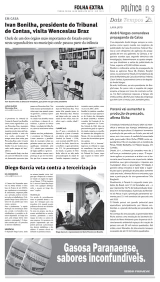 A 3T E R Ç A - F E I R A , 1 4 D E A B R I L D E 2 0 1 5 - E D. 1 3 1 3 POLÍTICA
Dois Tempos
O presidente do Tribunal de
Contas do Paraná, Ivan Bonilha,
esteve nesta segunda-feira (13)
em Wenceslau Braz, município
onde viveu parte da infância e
mantém estreitos laços até hoje.
Segundo Bonilha, a visita não
teve cunho proﬁssional. “É
sempre muito bom voltar para
Wenceslau Braz, onde vivi parte
da minha infância, onde minha
família viveu por muitos anos e
onde tenho amigos até hoje”,
aﬁrmou.
“Como amanhã (hoje) vou abrir
um curso de Tribunal de Contas
em Jacarezinho aproveitei para
LUCAS ALEIXO
Wenceslau Braz
editorial@folhaextra.net
Ivan durante visita à câmara de vereadores, que já teve seu pai como presidente
ANDRÉ LUIZ FARIA - FOLHA EXTRA
Chefe de um dos órgãos mais importantes do Estado esteve
nesta segunda-feira no município onde passou parte da infância
EM CASA
Ivan Bonilha, presidente do Tribunal
de Contas, visita Wenceslau Braz
DA ASSESSORIA
editorial@folhaextra.net
A Câmara dos Deputados apro-
vou na última semana o texto-
base do Projeto de Lei 4330/04,
que regulamenta a terceirização.
Se sancionado, empresas públi-
cas e privadas poderão terceiri-
zar todos os trabalhadores. O de-
putado Diego Garcia (PHS) foi o
único de seu partido que votou
contra o projeto.
Para o parlamentar, “a regula-
mentação da terceirização dimi-
nui a renda e os benefícios dos
trabalhadores e prejudica os di-
reitos adquiridos, ao longo dos
anos, pela relação direta entre
patrões e empregados”. O depu-
tado acredita que o PL precariza
os direitos trabalhistas.
URGÊNCIA
O deputado Diego Garcia, ainda
na semana passada, votou ‘sim’
para que o Projeto de Lei viesse a
ser votado em regime de urgên-
cia na Câmara. “O PL já tramitava
há 11 anos na Câmara dos Depu-
tados, sem qualquer deﬁnição
sobre o assunto ao longo dos
anos.”, explica.
TRAMITAÇÃO
Um acordo de procedimentos
entre os partidos deixou a vo-
tação dos destaques para esta
terça-feira (14), quando pontos
polêmicos deverão ser decididos
em votações separadas.
No texto do projeto, não há os
termos atividade-ﬁm ou ativida-
de-meio, permitindo a tercei-
rização de todos os setores de
uma empresa. Os opositores do
projeto argumentam que isso
poderá provocar a precarização
dos direitos trabalhistas e dos
salários. O assunto deverá ser
debatido na próxima semana.
Diego Garcia vota contra a terceirização
O ex-deputado André Vargas sempre se com-
portou como quem manda nos negócios de
publicidade da Caixa Econômica Federal. Reu-
nia-se com dirigentes de agências de propa-
ganda até em seu gabinete, na Câmara, e ne-
gociava acordos que, segundo denúncia sob
investigação, determinavam as quatro empre-
sas que dividiriam a verba de publicidade da
Caixa, superior a R$ 400 milhões anuais.
Dividem a milionária verba de propaganda da
Caixa as agências Nova SB, Artplan, Borghi/
Lowe, e a paranaense Heads. O mandachuva da
área de Marketing da Caixa Econômica Federal,
Clauir Santos, é paranaense como o ex-deputa-
do André Vargas.
Ricardo Hoffmann, ex-vice-presidente da Bor-
ghi/Lowe, foi preso sob a suspeita de pagar
propina a Vargas em troca do contrato na Cai-
xa. Foi fácil comprovar repasses a Vargas: ele
emitia contra a Borhi/Lowe notas das empresas
que tem com o irmão, Leon, também preso.
André Vargas comandava
propaganda da Caixa
LAVA JATO
passar em Wenceslau Braz. Não
tenho muitas oportunidades de
visitar aqui, mas quando posso
vir aproveito”, continua o presi-
dente do TCE.
Na cidade Ivan Bonilha visitou
a prefeitura, a câmara de ve-
readores, o pelotão da Polícia
Militar e a redação da Folha Ex-
tra, além de reencontrar velhos
amigos.
Embora sem ﬁns proﬁssionais,
o presidente do Tribunal de
Contas anunciou a possibili-
dade do município sediar nos
próximos meses um curso de
qualiﬁcação ministrado pelo
TCE, voltado para contadores
de órgãos públicos e gestores.
A visita também contou com a
presença do pai de Ivan Boni-
lha, que leva o mesmo nome,
ex-vereador e presidente da câ-
mara de Wenceslau Braz. “Fico
muito feliz quando posso vir
para Wenceslau Braz. Precisei
sair daqui cedo por conta da
saúde do meu irmão, mas con-
sidero aqui a minha cidade”,
conta.
CURRÍCULO
Aos 47 anos, o presidente do
Tribunal de Contas é formado
em direito pela Universidade
Estadual do Paraná – UFPR,
com mestrado pela PUC do Es-
tado de São Paulo. Antes de ser
conselheiro e agora presidente
do TCE, foi procurador-geral
do Estado, na gestão de Beto
Richa, além de ter sido ainda
procurador-geral da cidade de
Curitiba, enquanto o atual go-
vernador esteve prefeito, entre
os anos de 2004 a 2010.
Bonilha foi também conselhei-
ro estadual da seção paranaen-
se da Ordem dos Advogados
do Brasil (OAB-PR) e membro
consultor da Comissão de As-
suntos Legislativos do Conse-
lho Federal da OAB. Além da
procuradoria geral da capital e
do estado, integrou o conselho
do Instituto dos Advogados do
Paraná e foi vice-presidente do
Fórum dos Procuradores gerais
das capitais.
Em julho de 2011 o “brazense”
ingressou no tribunal no cargo
de conselheiro. Este ano Ivan
Bonilha assumiu a presidência
do Tribunal de Contas, cargo
que ocupará no biênio 2015-
2016.
Diego Garcia é o representante do Norte Pioneiro em Brasília
DIVULGAÇÃO
O Instituto Ambiental do Paraná (IAP) irá inten-
sificar a emissão das licenças ambientais para
projetos de aquicultura. O objetivo é aumentar
a produção de pescados no Estado, em até mil
vezes, em cinco anos. A medida foi anunciada
pelo governador Beto Richa (PSDB) nesta se-
gunda-feira (13), em reunião com o ministro da
Pesca, Helder Barbalho, no Palácio Iguaçu, em
Curitiba.
Desde 2011, o Paraná já concedeu mais de 2
mil licenças ambientais para o setor. “É impor-
tante agilizar os processos e acabar com a bu-
rocracia para fomentar essa importante cadeia
produtiva, que gera empregos e riquezas aos
municípios”, disse o governador. “O Estado é
parceiro dessa iniciativa e dará todo o supor-
te para que a produção de pescados aumente
cada ano mais”, afirmou Richa no encontro, que
teve a participação da vice-governadora Cida
Borghetti.
Atualmente, o Paraná é o segundo maior pro-
dutor do Brasil, com 51 mil toneladas ano – o
que representa 10,7% de toda produção brasi-
leira (475 mil toneladas). A previsão do Ministé-
rio da Pesca é que a produção paranaense au-
mente para 731 mil toneladas de pescado ano
até 2020.
O Estado possui um grande potencial para
aquicultura, principalmente por fatores am-
bientais e a grande demanda por pescados da
região.
No começo do ano passado, o governador Beto
Richa assinou uma resolução da Secretaria Es-
tadual do Meio Ambiente para dispensar do li-
cenciamento ambiental espaços de criação de
peixes com até 20 mil metros quadrados. Até
então, eram liberados do documento tanques
escavados de até 10 mil metros quadrados.
Paraná vai aumentar a
produção de pescado,
aﬁrma Richa
 