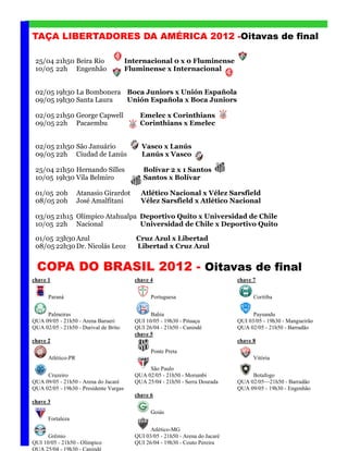 TAÇA LIBERTADORES DA AMÉRICA 2012 -Oitavas de final
 DADARA             LOCAL                     JOGOS

 25/04 21h50 Beir...