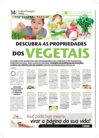 14 |                DOMINGO
                    07 • FEVEREIRO • 2010                                                            o seu corpo
                                                                                                         u
                                                                                       Bambu
                                                                                                                              Alhos


                                                                                                                                                                         Nabos
                                                                                              Batatas
  FOTOS: D.R.




                                                                                             Alho                                     Cebolas
                                                                                             francês


                DESCUBRA AS PROPRIEDADES

                DOS                 VEGETAIS
AS CORES DOS ALIMENTOS SÃO DETERMINADAS PELA PRESENÇA DE PIGMENTOS,
SUBSTÂNCIAS QUE, PARA ALÉM DE COLORIR, TAMBÉM DESEMPENHAM FUNÇÕES
A NÍVEL DA PROTEÇÃO DO CORPO CONTRA DETERMINADAS DOENÇAS
 CARLA VAZ
carla.redaccao@folhadeportugal.pt

                                       Alho: rico em            Couve-flor:             Nabo: apresen-        Espargos:               Cebola: fon-             Endívias: aju-


O
           s alimentos                 cálcio, potássio,        contém glucosino-       ta um alto valor de   vegetais ricos em       te importante de         dam na digestão;
           brancos são                 fósforo e vitamina       latos, um químico       nutrientes, conten-   asparagina, uma         quercetina, um fla-      são uma fonte de
           boas fontes                 C; é um potente an-      vegetal que ajuda       do poucas calo-       substância que          vonóide que atua         fibra, facilitando
           d e c á lc io,              tibiótico, visto esti-   na prevenção do         rias; possui alguns   estimula os rins e      como um antioxi-         o trânsito intesti-
potássio e minera is                   mular a produção         cancro; tendo ain-      compostos sulfuro-    atua de forma de-       dante que contra-        nal e diminuindo
importantes para o bom                 de glóbulos bran-        da propriedades         sos que o tornam      sintoxicante; reú-      ria a formação de        o colesterol, atu-
funcionamento do nosso                 cos que atacam           anti-alérgicas que      útil na prevenção     nem propriedades        células canceríge-       ando ainda como
organismo, contribuindo                bactérias, parasi-       ajudam a aliviar        do cancro; é ainda    anti-inflamatórias      nas; também ajuda        um estimulante de
pa ra a for mação e                    tas, fungos e vírus.     problemas ligados       uma fonte de vita-    que os tornam           a diminuir o nível       apetite.
manutenção dos ossos,                                           à asma e às alergias    mina C e de cálcio,   úteis em caso de        de colesterol, fluidi-
                                                                cutâneas.               mineral indispen-     indigestão, sensi-      fica o sangue e evi-
    CONSUMIR                                                                            sável na saúde dos    bilidade intestinal e   ta a formação de
 VEGETAIS AJUDA                                                                         ossos e dentes.       artrite reumatóide.     coágulos.

    A PREVENIR
  E A COMBATER                         Alho fran-         Batata: fonte                 Soja: possui          Bambu: rico             Feijão bran- Cogumelos:
     DOENÇAS                           cês: rico em ácido de vitamina C, um             propriedades an-      em vitaminas do         co: rico em mag- são ricos em cálcio,
                                       fólico e vitaminas A     nutriente essen-        ticancerígenas e      complexo B e C e        nésio e ferro; é uma     magnésio, vitami-
ajudando na regulação dos              e K; desempenha          cial para o regular     pode ser útil du-     em cálcio e fósfo-      boa fonte de ami-        na B3, ácido fólico
batimentos cardíacos e no              um papel depura-         funcionamento do        rante a menopau-      ro, as suas proprie-    do, fibras e vitami-     e zinco; ajudam a
funcionamento do sistema               tivo do sangue e as      sistema imunitá-        sa, por conter fi-    dades tornam-no         nas do complexo          tornar o sangue
nervoso e dos músculos.                suas propriedades        rio; pode ser um        toestrogéneos, as     o companheiro           B, importantes pa-       menos espesso e
Porém, quando falamos                  diuréticas são uma       bom aliado na pre-      isoflavonas.          ideal para comba-       ra a saúde do siste-     a regular os níveis
em alimentos brancos, não              valiosa ajuda para       venção de diversas                            ter a tosse, os es-     ma nervoso.              de colesterol; têm
estamos a referirmo-nos                eliminar o ácido         patologias.                                   tados de ansieda-                                uma ação benéfi-
somente aos latícinios, por            úrico, associado a                                                     de e os distúrbios                               ca sobre o sistema
isso deixamos-lhe aqui mais            patologias como a                                                      do estômago.                                     imunitário.
algumas opções:                        gota.
                                                                                                                                                                                PUB
 