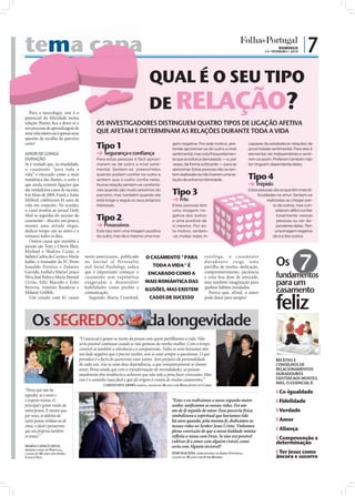 tema capa
                      a                                                                                                                                                         DOMINGO
                                                                                                                                                                        14 • FEVEREIRO • 2010
                                                                                                                                                                                                |7
                                                                                              QUAL É O SEU TIPO
                      Para a neurologia, este é o
                                                                                              DE RELAÇÃO?
                   potencial da felicidade numa
                   relação. Porém, ﬁca a dever-se a          OS INVESTIGADORES DISTINGUEM QUATRO TIPOS DE LIGAÇÃO AFETIVA
                   um processo de aprendizagem de
                   uma vida inteira ou é apenas uma          QUE AFETAM E DETERMINAM AS RELAÇÕES DURANTE TODA A VIDA
                   questão de escolha do parceiro
                   certo?
                                                             Tipo 1                                          gem negativa. Por este motivo, pre-
                                                                                                             tende aproximar-se do outro a nível
                                                                                                                                                              capazes de estabelecer relações de
                                                                                                                                                              proximidade sentimental. Para eles é
                   AMOR DE LONGA                             ➜ Segurança e confiança                         sentimental, mas nota frequentemen-              elementar ser independente e senti-
                   DURAÇÃO                                   Para estas pessoas é fácil aproxi-              te que se esforça demasiado – e, por             rem-se assim. Preferem também não
                   Se é verdade que, na atualidade,          marem-se de outro a nível senti-                vezes, de forma sufocante – para se              ter ninguém dependente deles.
                   o casamento “para toda a                  mental. Sentem-se preenchidos                   aproximar. Estas pessoas não se sen-
                   vida” é encarado como a mais
                   romântica das ilusões, o certo é
                                                             quando podem confiar no outro e
                                                             sentem que o outro confia neles.
                                                                                                             tem realizadas se não tiverem uma re-
                                                                                                             lação de extrema intimidade.                     Tipo 4
                   que ainda existem ligações que            Numa relação sentem-se confortá-                                                                 ➜ Trépido
                   são verdadeiros casos de sucesso.
                   Em Maio de 2009, Frank e Anita
                                                             veis quando são muito próximos do
                                                             parceiro, mas também quando ele                 Tipo 3                                           Estas pessoas são as que têm mais di-
                                                                                                                                                                   ficuldades no amor. Sentem-se
                   Milford, celebraram 81 anos de            está longe e segue os seus próprios             ➜ Frio                                                      realizadas ao chegar per-
                   vida em conjunto. Na ocasião,             interesses.                                     Estas pessoas têm                                              to de outros, mas con-
                   o casal revelou ao jornal Daily                                                           uma imagem ne-                                                    sideram difícil confiar
                   Mail os segredos do sucesso do
                   casamento – discutir um pouco,            Tipo 2                                          gativa dos outros
                                                                                                             e uma positiva de
                                                                                                                                                                               totalmente nessas
                                                                                                                                                                               pessoas ou ser de-
                   manter uma atitude alegre,                ➜ Possessivos                                   si mesmo. Por es-                                                 pendente delas. Têm
                   dedicar tempo um ao outro e o             Este tipo tem uma imagem positiva               te motivo, sentem-                                               uma imagem negativa
                   romance todos os dias.                    do outro, mas de si mesmo uma ima-              -se, muitas vezes, in-                                         de si e dos outros.
                      Outros casais que mantêm a
                   paixão são Tony e Cherie Blair,
                   Michael e Shakira Caine, o

                                                                                                                                                                               Os
                   fadista Carlos do Carmo e Maria     norte-americanos, publicado          O CASAMENTO "PARA                    sexóloga, o casa mento
                   Judite, o treinador do FC Porto     no Journal of Personality                                                 du r adou ro e x ige u m a
                   Jesualdo Ferreira e Zulmira         and Social Psychology, indica            TODA A VIDA" É                   partilha de tarefas, dedicação,
                   Garrido, Aníbal e Maria Cavaco
                   Silva, José Pedro e Maria Manuel
                                                       que é importante começar o
                                                       casamento sem expetativas
                                                                                             ENCARADO COMO A                     comprometimento, paciência
                                                                                                                                 e uma boa dose de amizade,                    fundamentos
                   Cyrne, Edir Macedo e Ester          exageradas e desenvolver            MAIS ROMÂNTICA DAS                    mas também imaginação para                    para um
                   Bezerra, António Banderas e         habilidades como perdão e           ILUSÕES, MAS EXISTEM                  quebrar hábitos instalados.
                                                                                                                                                                               casamento
                                                                                                                                                                               feliz
                   Melanie Grifﬁth.                    comunicação.                                                                Parece que, afinal, o amor
                      Um estudo com 82 casais            Segundo Marta Crawford,              CASOS DE SUCESSO                   pode durar para sempre!




                       Os SEGREDOS                                                           da longevidade
                                                   “O essencial é gostar-se muito da pessoa com quem partilhamos a vida. Não
                                                   seria possível continuar casado se não gostasse da minha mulher. Com o tempo
                                                                                                                                                                                                         FOTO: D.R.




                                                   constrói-se também a tolerância e a compreensão. Todos os seres humanos têm
                                                   um lado negativo que é preciso receber, sem se estar sempre a questionar. O que
                                                   prevalece é o facto de querermos estar juntos. Sem prejuízo da personalidade                                                RECEITAS E
                                                   de cada um, cria-se uma doce dependência, a que romanticamente se chama                                                     CONSELHOS DE
FOTOS: LUSA/D.R.




                                                   amor. Penso ainda que com a transformação de mentalidades, as pessoas                                                       RELACIONAMENTOS
                                                   atualmente têm tendência a acharem que não vale a pena fazer concessões. Mas                                                DURADOUROS
                                                   esse é o caminho mais fácil e que dá origem à rutura de muitos casamentos.”                                                 EXISTEM AOS MONTES.
                                                                 CARLOS DO CARMO, FADISTA, CASADO HÁ 46 ANOS COM MARIA JUDITE DO CARMO
                                                                                                                                                                               MAS, O ESSENCIAL É:
                   “Penso que não há                                                                                                                                           ❚ Co-igualdade
                   segredos, só o amor e
                   o respeito mútuo. O                                                                      “Ester e eu realizámos o nosso segundo maior                       ❚ Fidelidade
                   principal é gostar muito da                                                              sonho: uniﬁcámos as nossas vidas. Foi um
                   outra pessoa. E mesmo que,                                                               ato de fé seguido de amor. Essa parceria física                    ❚ Verdade
                   por vezes, os defeitos da                                                                simbolizava a espiritual que havíamos tido
                   outra pessoa venham ao de                                                                há anos quando, pela mesma fé, dedicámos as                        ❚ Amor
                   cima, o ideal é pensarmos                                                                nossas vidas ao Senhor Jesus Cristo. Tínhamos
                   que nós próprios também                                                                  plena convicção de que a nossa lealdade mútua                      ❚ Aliança
                   os temos.”                                                                               reﬂetia a nossa com Deus. Se não era possível                      ❚ Compreensão e
                                                                                                            cultivar fé e amor com alguém visível, como                        determinação
                   MARIA CAVACO SILVA,                                                                      seria com Alguém invisível?
                   PRIMEIRA-DAMA DE PORTUGAL,
                   CASADA HÁ 46 ANOS COM ANÍBAL                                                             EDIR MACEDO, LÍDER MUNDIAL DA IGREJA UNIVERSAL,                    ❚ Ter Jesus como
                   CAVACO SILVA                                                                             CASADO HÁ 38 ANOS COM ESTER BEZERRA                                âncora e socorro
 