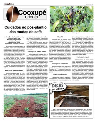Novembro de 2012




                                                         Cooxupé
                                                                          orienta

                               Cuidados no pós-plantio
                                 das mudas de café                                                                                                       Mancha aureolada em lavoura jovem



                               Antônio Conrado Franco Fernandes,            solo coberto estas plantas realizam a fixa-                  Replantio                         única aplicação no momento do plantio. O
                                     Fernando Pereira Rios,                 ção biológica do Nitrogênio. Leguminosas                                                       adubo será liberado enquanto a planta ne-
                                   Marciane José Gonçalves,                 como a crotalaria e o feijão guandu são as         O replantio deve ser realizado assim        cessitar do nutriente, gerando economia de
                                      Ronaldo de Freitas e                  mais recomendadas.                            que se observar mudas mortas ou muito            mão de obra e facilidade de aplicação.
                                     Vandelino Dias Júnior                        Como forma de plantio, além do          fracas no campo. Ele deve ser feito o                 É importante que esta adubação seja
                               Departamento Técnico da Cooxupé              modo convencional realizado manualmen-        quanto antes para que a lavoura não forme        parcelada em ciclo de 20 a 30 dias, de
                                                                            te, temos a opção de realizar o plantio me-   de maneira desuniforme. De maneira geral         acordo com a disponibilidade de água no
                                 A renovação da lavoura cafeeira é          canizado em áreas onde se permite a me-       o replantio é realizado 30 dias pós-plantio,     solo. A dose de Nitrogênio (N) em cober-
                           uma prática comum que se faz necessária          canização através de máquinas existentes      porem se houver necessidade esta atividade       tura deve ser de 2 a 5 g cova-1 em cada
                           para que a propriedade sempre tenha altas        no mercado.                                   também pode ser realizada no primeiro            aplicação (10 a 25 g de sulfato de amônio).
                           produtividades. O café é uma cultura pere-                                                     ano utilizando uma adubação adicional de         Para fornecer Potássio (K) pode-se utilizar
                           ne que se for bem manejado pode ter uma             Utilização de quebra ventos                30% da dose de plantio. No replantio de          formulas como 25-00-25 ou 20-00-20, po-
                           vida útil superior a 25 anos. Mesmo com                                                        primeiro ano deve-se levar em consideração       rém a quantidade de K a ser fornecida vai
                           um ciclo longo, chega um determinado mo-               Mesmo que antes do plantio você já      o espaçamento entre plantas. Em plantios         depender da análise de solo.
                           mento que é preciso renovar o cafezal.           tenha escolhido a área com menor inci-        de 0,5 a 0,7 m entre plantas pode-se deixar
                                 Varias decisões precisam ser toma-         dência de ventos, a utilização preventiva     uma falha, pois os cafeeiros laterais poderão              Tratamento foliar
                           das antes do plantio, tais como a escolha        de quebra ventos é indispensável. O vento     oferecer grande concorrência à nova muda
                           do local, variedades, correção do solo, es-      pode causar danos nas folhas novas faci-      e com o tempo eles mesmo ocupam este                   O fornecimento de micronutrientes
                           paçamento e outros. Porém, após o plantio        litando assim a entrada de doenças como       espaço.                                          (Boro, Cloro, Cobalto, Cobre, Ferro, Man-
                           a muda requer cuidados especiais que vão         a phoma e mancha aureolada (doença                                                             ganês, Molibdênio, Níquel e Zinco) via folha
                           influenciar no seu bom desenvolvimento.          cauda pela bactéria Pseudomonas syrin-             Adubação de cobertura                       também deve ser realizado no pós-plantio,
                                 A seguir serão apresentados alguns         gae pv. Garcae, que uma vez dentro da                                                          seguindo os intervalos das adubações via
                           cuidados importantes no pós-plantio do           planta não tem controle), além de entortar         Realizado o plantio, que deve ser no        solo. Vários produtos comerciais possuem
                           café:                                            as plantas causando um super brotamen-        período chuvoso, é necessário fornecer           a composição especifica para esta fase
                                                                            to no caule e também a canela de vento.       Nitrogênio (N) e o Potássio (K). Caso este       do café e devem ser utilizados de acordo
                               Manejo das plantas daninhA                   Deve-se manter quebra ventos, seja apro-      último não tenha sido colocado no sulco de       com a recomendação técnica. A utilização
                                                                            veitando o mato, mantendo-o em uma altu-      plantio.                                         de fungicidas para prevenção e controle
                                 A concorrência por água, luz e nu-         ra no meio da rua que proteja a muda de                                                        da cercóspora e phoma também deve ser
                           trientes causada por plantas daninhas            café, seja cultivando culturas intercalares         Adubação Controlada                        associados a foliar nutricional. O controle
                           pode prejudicar drasticamente a muda no          como a crotalaria, o feijão guandu e o mi-                                                     preventivo para a mancha aureolada em
                           seu inicio de formação. No manejo das            lheto (utilizado nos cerrados), combinando         A adubação de cobertura pode ser re-        mudas no campo deve ser feito utilizando
                           plantas daninhas o recomendado é manter          assim proteção e o fornecimento de maté-      alizada também com adubos de liberação           via folha, o hidróxido de cobre ou o oxiclo-
                           a linha de plantio livre delas, deixando uma     ria orgânica (MATIELLO et al.,2010). Dois     controlada, sendo esta realizada em uma          reto de cobre.
                           faixa de 50 a 80 cm de cada lado. A capi-        tipos de quebra ventos são utilizados: os
                           na da linha de plantio pode ser realizada        temporários, que são plantas de ciclo de 2


                                                                                                                                 CáS
                                                                                                                               DIMArio
                           manual ou com herbicidas pré-emergentes          a 3 anos e vão contribuir na formação do
                           seletivos para a cultura do café. O meio         café e os permanentes que são renques
                           da rua deve ficar coberto para evitar ero-       de plantas arbóreas como o cedro austra-
                           são e exposição excessiva ao sol. A utiliza-
                           ção de leguminosas no meio da rua é uma
                           excelente prática, pois além de manter o
                                                                            liano, que vão proteger a lavoura na sua
                                                                            fase de produção.                                  o
                                                                                                                               d
Fotos: Vandelino Dias Junior




                                                                                                                                  Esta é mais uma novidade que encontramos na Fazenda da Serra, do coope-
                                                                                                                            rado Mário Cezar Ferrari. Antes do café entrar no elevador ele passa por um pro-
                                                                                                                            cesso de pré-lavagem. Esse sistema melhora a viabilidade do equipamento. “Gasto
                                                                                                                            menos água e melhora o processo de lavagem do café. É uma forma também de ti-
                                                                                                                            rar o excesso do açúcar”, afirma o cooperado. Confira a foto e veja como é simples.
                                                                                                                                  Mais informações? Ligue na Fazenda da Serra, fone (35) 3721-6401.
                                                       Mato manejado no centro da rua de café
                     13
 