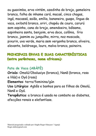 Material pesquisado e editado por Alagbe Roger Olanyan t’ Aganjú
Roger.alabe@gmail.com
ou guaximba, erva vintém, azedinha do brejo, gameleira
branca, folha de inhame cará, macaé, cinco chagas,
ingá, macassá, saião, emília, bananeira, guapo, língua de
vaca, oxibatá branco, oriri, chapéu de couro, carurú
sem espinho, cana do brejo, amendoeira, bálsamo,
espinheira santa, benjoim, erva doce, colônia, lírio
branco, jasmim ou junquilho, mirra, noz moscada,
pixurin, uva verde, maria sem vergonha branca, oliveira,
elevante, beldroega, louro, malva branca, paineira.
PPPRRRIIINNNCCCIIIPPPAAAIIISSS EEERRRVVVAAASSS EEE SSSUUUAAASSS CCCAAARRRAAACCCTTTEEERRRÍÍÍSSSTTTIIICCCAAASSS
(((eeennntttrrreee pppaaarrrêêênnnttteeessseeesss,,, nnnooommmeee aaafffrrriiicccaaannnooo))):::
Pata de Vaca (ABÀFÈ)
Orisás: Omolú/Obaluaiye (branca), Nanã (branca, rosa
e lilás) e Oyá (rosa)
Elementos: terra/feminina/gùn
Uso Litúrgico: Agbôs e banhos para os filhos de Omolú,
Nanã e Oyá.
Terapêutica: a branca é usada no combate ao diabetes,
afecções renais e elefantíase.
 