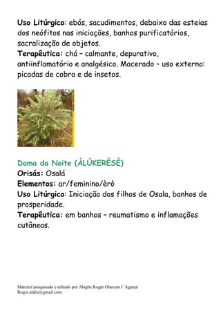 Material pesquisado e editado por Alagbe Roger Olanyan t’ Aganjú
Roger.alabe@gmail.com
Uso Litúrgico: ebós, sacudimentos, debaixo das esteias
dos neófitos nas iniciações, banhos purificatórios,
sacralização de objetos.
Terapêutica: chá – calmante, depurativo,
antiinflamatório e analgésico. Macerado – uso externo:
picadas de cobra e de insetos.
Dama da Noite (ÀLÚKERÉSÉ)
Orisás: Osalá
Elementos: ar/feminino/èrò
Uso Litúrgico: Iniciação dos filhos de Osala, banhos de
prosperidade.
Terapêutica: em banhos – reumatismo e inflamações
cutâneas.
 