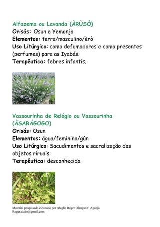 Material pesquisado e editado por Alagbe Roger Olanyan t’ Aganjú
Roger.alabe@gmail.com
Alfazema ou Lavanda (ÀRÙSÒ)
Orisás: Osun e Yemonja
Elementos: terra/masculino/èrò
Uso Litúrgico: como defumadores e como presentes
(perfumes) para as Iyabás.
Terapêutica: febres infantis.
Vassourinha de Relógio ou Vassourinha
(ÀSARÁGOGO)
Orisás: Osun
Elementos: água/feminino/gùn
Uso Litúrgico: Sacudimentos e sacralização dos
objetos riruais
Terapêutica: desconhecida
 