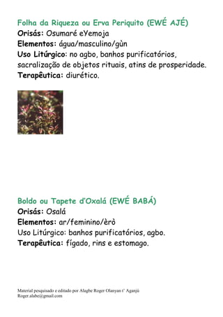 Material pesquisado e editado por Alagbe Roger Olanyan t’ Aganjú
Roger.alabe@gmail.com
Folha da Riqueza ou Erva Periquito (EWÉ AJÉ)
Orisás: Osumaré eYemoja
Elementos: água/masculino/gùn
Uso Litúrgico: no agbo, banhos purificatórios,
sacralização de objetos rituais, atins de prosperidade.
Terapêutica: diurético.
Boldo ou Tapete d’Oxalá (EWÉ BABÁ)
Orisás: Osalá
Elementos: ar/feminino/èrò
Uso Litúrgico: banhos purificatórios, agbo.
Terapêutica: fígado, rins e estomago.
 