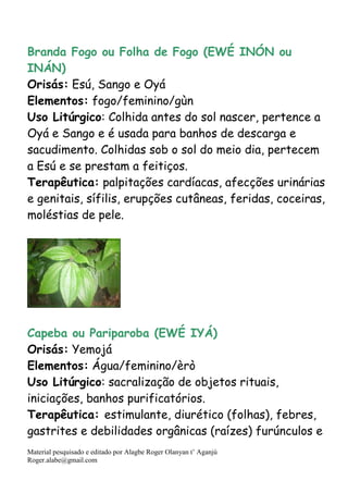 Material pesquisado e editado por Alagbe Roger Olanyan t’ Aganjú
Roger.alabe@gmail.com
Branda Fogo ou Folha de Fogo (EWÉ INÓN ou
INÁN)
Orisás: Esú, Sango e Oyá
Elementos: fogo/feminino/gùn
Uso Litúrgico: Colhida antes do sol nascer, pertence a
Oyá e Sango e é usada para banhos de descarga e
sacudimento. Colhidas sob o sol do meio dia, pertecem
a Esú e se prestam a feitiços.
Terapêutica: palpitações cardíacas, afecções urinárias
e genitais, sífilis, erupções cutâneas, feridas, coceiras,
moléstias de pele.
Capeba ou Pariparoba (EWÉ IYÁ)
Orisás: Yemojá
Elementos: Água/feminino/èrò
Uso Litúrgico: sacralização de objetos rituais,
iniciações, banhos purificatórios.
Terapêutica: estimulante, diurético (folhas), febres,
gastrites e debilidades orgânicas (raízes) furúnculos e
 