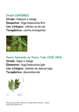 Material pesquisado e editado por Alagbe Roger Olanyan t’ Aganjú
Roger.alabe@gmail.com
Orobô (ORÓGBÓ)
Orisás: Osanyin e Sango
Elementos: fogo/masculino/èrò
Uso Litúrgico: similar ao do obi.
Terapêutica: contra bronquites.
Vence Demanda ou Vence Tudo (OSÈ OBÁ)
Orisás: Ogun e Sango
Elementos: fogo/masculino/gùn
Uso Litúrgico: banhos de descarrego.
Terapêutica: desconhecida
 