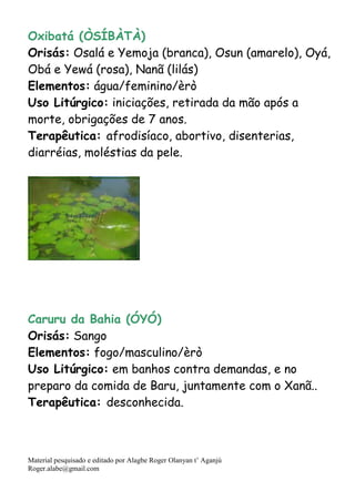 Material pesquisado e editado por Alagbe Roger Olanyan t’ Aganjú
Roger.alabe@gmail.com
Oxibatá (ÒSÍBÀTÀ)
Orisás: Osalá e Yemoja (branca), Osun (amarelo), Oyá,
Obá e Yewá (rosa), Nanã (lilás)
Elementos: água/feminino/èrò
Uso Litúrgico: iniciações, retirada da mão após a
morte, obrigações de 7 anos.
Terapêutica: afrodisíaco, abortivo, disenterias,
diarréias, moléstias da pele.
Caruru da Bahia (ÓYÓ)
Orisás: Sango
Elementos: fogo/masculino/èrò
Uso Litúrgico: em banhos contra demandas, e no
preparo da comida de Baru, juntamente com o Xanã..
Terapêutica: desconhecida.
 