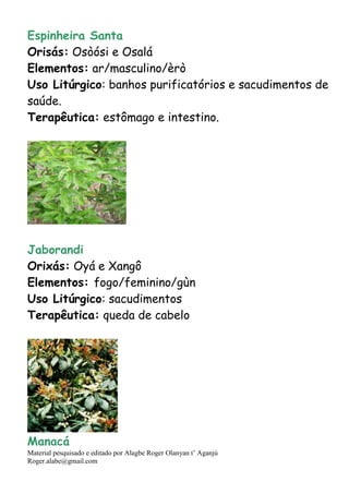 Material pesquisado e editado por Alagbe Roger Olanyan t’ Aganjú
Roger.alabe@gmail.com
Espinheira Santa
Orisás: Osòósi e Osalá
Elementos: ar/masculino/èrò
Uso Litúrgico: banhos purificatórios e sacudimentos de
saúde.
Terapêutica: estômago e intestino.
Jaborandi
Orixás: Oyá e Xangô
Elementos: fogo/feminino/gùn
Uso Litúrgico: sacudimentos
Terapêutica: queda de cabelo
Manacá
 
