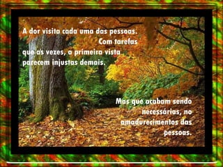 A dor visita cada uma das pessoas.  Com tarefas que as vezes, a primeira vista parecem injustas demais. Mas que acabam sendo necessárias, no amadurecimentos das pessoas. 