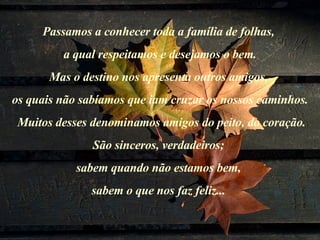 Passamos a conhecer toda a família de folhas,  a qual respeitamos e desejamos o bem. Mas o destino nos apresenta outros amigos,  os quais não sabíamos que iam cruzar os nossos caminhos. Muitos desses denominamos amigos do peito, do coração. São sinceros, verdadeiros;  sabem quando não estamos bem,  sabem o que nos faz feliz...  