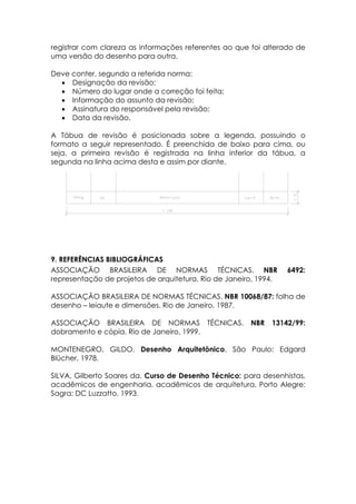 registrar com clareza as informações referentes ao que foi alterado de
uma versão do desenho para outra.

Deve conter, segundo a referida norma:
  • Designação da revisão;
  • Número do lugar onde a correção foi feita;
  • Informação do assunto da revisão;
  • Assinatura do responsável pela revisão;
  • Data da revisão.

A Tábua de revisão é posicionada sobre a legenda, possuindo o
formato a seguir representado. É preenchida de baixo para cima, ou
seja, a primeira revisão é registrada na linha inferior da tábua, a
segunda na linha acima desta e assim por diante.




9. REFERÊNCIAS BIBLIOGRÁFICAS
ASSOCIAÇÃO BRASILEIRA DE NORMAS TÉCNICAS. NBR                     6492:
representação de projetos de arquitetura. Rio de Janeiro, 1994.

ASSOCIAÇÃO BRASILEIRA DE NORMAS TÉCNICAS. NBR 10068/87: folha de
desenho – leiaute e dimensões. Rio de Janeiro, 1987.

ASSOCIAÇÃO BRASILEIRA DE NORMAS TÉCNICAS.              NBR   13142/99:
dobramento e cópia. Rio de Janeiro, 1999.

MONTENEGRO, GILDO. Desenho Arquitetônico. São Paulo: Edgard
Blücher, 1978.

SILVA, Gilberto Soares da. Curso de Desenho Técnico: para desenhistas,
acadêmicos de engenharia, acadêmicos de arquitetura. Porto Alegre:
Sagra: DC Luzzatto, 1993.
 