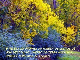 E RECEBA DA PRÓPRIA NATUREZA OS LUCROS DE SUA DEDICAÇÃO: CHEIRO DE TERRA MOLHADA, CORES E PERFUMES DE FLORES, 