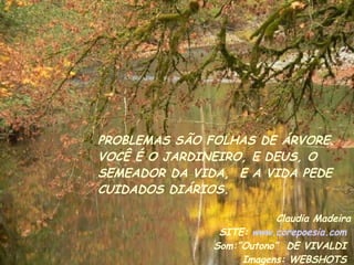 PROBLEMAS SÃO FOLHAS DE ÁRVORE. VOCÊ É O JARDINEIRO, E DEUS, O SEMEADOR DA VIDA,  E A VIDA PEDE CUIDADOS DIÁRIOS. Claudia Madeira SITE:  www.corepoesia.com   Som:”Outono”  DE VIVALDI  Imagens: WEBSHOTS  Texto: Parábolas  Rádio  92 
