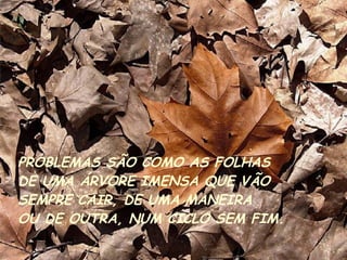 PROBLEMAS SÃO COMO AS FOLHAS  DE UMA ÁRVORE IMENSA QUE VÃO SEMPRE CAIR, DE UMA MANEIRA OU DE OUTRA, NUM CICLO SEM FIM. 