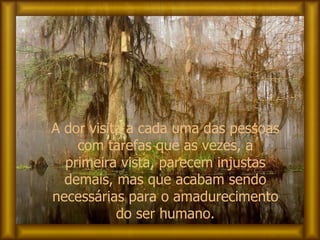 A dor visita a cada uma das pessoas com tarefas que as vezes, a primeira vista, parecem injustas demais, mas que acabam sendo necessárias para o amadurecimento do ser humano. 