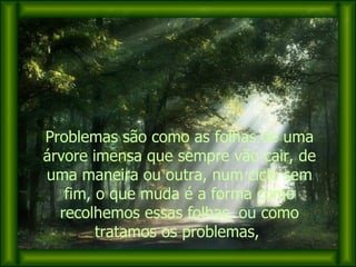 Problemas são como as folhas de uma árvore imensa que sempre vão cair, de uma maneira ou outra, num ciclo sem fim, o que muda é a forma como recolhemos essas folhas, ou como tratamos os problemas,  