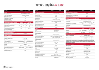ESPECIFICAÇÕES MF 5690
MF 5690 ARROZ GRÃO
MOTOR
Fabricante / Modelo AGCO POWER™ 7.4 CW3
Tipo / Cilindrada (litros) 7.4 Litros – 6 Cilindros
Potência Máxima (cv) 225
Capacidade do tanque de
combustível (litros)
470
Tecnologia de Emissões iEGR
PLATAFORMAS DE CORTE - CARACOL RÍGIDA FLEXÍVEL
Dimensões (pés) 18’ 20’ 18’ 20’ 23’
Largura de corte standard (m) 5,5 6,1 5,5 6,1 7,0
Inclinação lateral ND* 8º
Controle automático de altura
de corte e nivelamento
ND* Básico
*Disponível para versão multicrop
PLATAFORMAS DE MILHO
Dimensões (linhas/espaçamento cm) Até 10L45
UNIDADE DE TRILHA
Cilindro
Largura / diâmetro (mm) 1270 / 600
Alta inércia Sim (periférico)
Tipo (nº de barras) 8 barras de dentes 8 barras raspadoras
Rotações - standard (rpm) 430 a 1260
Variador Hidráulico
Côncavo Dentes Barras
Número de fileira de barras Dentes (2 filas) Fino 11 / Grosso 13
Ângulo de envolvimento 117°
Área de côncavos (m²) 0,80
MF 5690 ARROZ GRÃO
SISTEMA DE SEPARAÇÃO
Tipo 2 rotores helicoidais
Diâmetro (mm) 470
Comprimento (mm) 3500
Rotação (rpm) 510
Acionamento Mecânico por correia
N° grelhas de separação 4 com defletores direcionais
Envolvimento grelhas 128°
Área de vazão das grelhas 3,10m²
Área radial de separação 10,2m²
Área total de separação 13,3m²
LIMPEZA
Tipo Dupla cascata
Peneiras standard Soja / Trigo
Peneira superior
Tipo Escamas reguláveis
Comprimento / largura (m) 1,58 x 1,20 c/extensão 2,00 x 2,40
Área de peneiras (m²) 1,90 - c/extensão 2,40
Peneira inferior
Tipo Escamas reguláveis
Comprimento / largura (m) 1,55 x 1,20
Área de peneiras (m²) 1,86
Área de limpeza total (m²) 4,26
Ventilador de limpeza
Tipo Centrifugo
Largura (mm) 2 x 510
Diametro (mm) 460
Transmissão Correia
Variação de velocidade (rpm) 600 – 1300
Controle de velocidade Variador elétrico dentro cabine
Retrilha Por gravidade
MF 5690 ARROZ GRÃO
ARMAZENAMENTO / DESCARGA
Capacidade (litros) 5500
Vazão de descarga (litros/segundo) 86
Sistema de descarga Torre
PICADOR E ESPALHADOR DE PALHAS*
Picador Facas rotativas e contra-facas fixas
Transmissão Mecânica por correia
Espalhador (Pás de borracha)
Plataforma 18’ e 20’
(Rig.)
Plataforma 18’, 20’ e
23’ (Flex)
Transmissão Mecânica por correia
*Opcional
RODADOS 4x4 4x2 / 4x4
Dianteiro 20.8 - 38 R2 (Duplo)
18.4 - 38 R1 (Duplo)
30.5 - 32 R1
Traseiro 18.4 - 26 R2 18.4 - 26 R1
TECNOLOGIA EMBARCADA
Monitor de produtividade FieldStar®
II (Opc.)
Piloto automático
Preparação para Auto-Guide™
3000 (Opc.)
Auto-Guide™
3000 decimétrico (Opc.)
Auto-Guide™
3000 centimétrico (Opc.)
*Preparado para sinal decimétrico com opção de sinal centimétrico (RTK). Quando não
habilitado o sinal de correção Omnistar, o sistema trabalha como submétrico através do
algoritmo interno TRUPASS.
DIMENSÕES E PESOS
Altura máxima 4,52m (30.5L-32R1)
Altura de transporte 4,00m (30.5L-32R1)
Bitola dianteira 3,40m
Largura do pneu (externo) 3,51m (30.5L-32R1)
Altura do tubo 4,96m (30.5L-32R1)
Altura do bocal do tubo 4,56m (30.5L-32R1)
Vão livre 0,55m
Comprimento sem plataforma 7,45m
Peso sem plataforma 12.100 Kg
22 Massey Ferguson
 