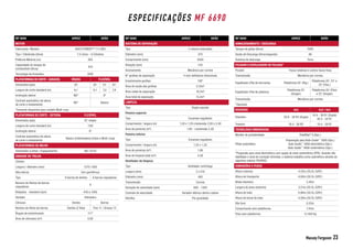 Massey Ferguson 23
ESPECIFICAÇÕES MF 6690
MF 6690 ARROZ GRÃO
MOTOR
Fabricante / Modelo AGCO POWER™ 7.4 CW3
Tipo / Cilindrada (litros) 7.4 Litros – 6 Cilindros
Potência Máxima (cv) 265
Capacidade do tanque de
combustível (litros)
470
Tecnologia de Emissões iEGR
PLATAFORMAS DE CORTE - CARACOL RÍGIDA FLEXÍVEL
Dimensões (pés) 20’ 20’ 23’ 25’
Largura de corte standard (m) 6,1 6,1 7,0 7,6
Inclinação lateral ND* 8º
Controle automático de altura
de corte e nivelamento
ND* Básico
*Somente disponível para modelo Multi-crop
PLATAFORMAS DE CORTE - ESTEIRA FLEXÍVEL
Dimensões (pés) 25’ draper
Largura de corte standard (m) 7,60
Inclinação lateral 8º
Controle automático de altura
de corte e nivelamento
Básico (Colheitadeira Grãos e Multi-crop)
PLATAFORMAS DE MILHO
Dimensões (Linhas / Espaçamento) Até 13L45
UNIDADE DE TRILHA
Cilindro
Largura / diâmetro (mm) 1270 / 600
Alta inércia Sim (periférico)
Tipo 8 barras de dentes 8 barras raspadoras
Número de fileiras de barras
raspadoras
8
Rotações - standard (rpm) 430 a 1260
Variador Hidráulico
Côncavo Dentes Barras
Número de fileira de barras Dentes (2 filas) Fino 11 / Grosso 13
Ângulo de envolvimento 117°
Área de côncavos (m²) 0,80
MF 6690 ARROZ GRÃO
SISTEMA DE SEPARAÇÃO
Tipo 2 rotores helicoidais
Diâmetro (mm) 470
Comprimento (mm) 3500
Rotação (rpm) 510
Acionamento Mecânico por correia
N° grelhas de separação 4 com defletores direcionais
Envolvimento grelhas 128°
Área de vazão das grelhas 3,10m²
Área radial de separação 10,2m²
Área total de separação 13,3m²
LIMPEZA
Tipo Dupla cascata
Peneira superior
Tipo Escamas reguláveis
Comprimento / largura (m) 1,58 x 1,20 c/extensão 2,00 x 2,40
Área de peneiras (m²) 1,90 - c/extensão 2,40
Peneira inferior
Tipo Escamas reguláveis
Comprimento / largura (m) 1,55 x 1,20
Área de peneiras (m²) 1,86
Área de limpeza total (m²) 4,26
Ventilador de limpeza
Tipo Ventilador centrifugo
Largura (mm) 2 x 510
Diâmetro (mm) 460
Transmissão Correia
Variação de velocidade (rpm) 600 - 1300
Controle de velocidade Variador elétrico dentro cabine
Retrilha Por gravidade
MF 6690 ARROZ GRÃO
ARMAZENAMENTO / DESCARGA
Tanque de grãos (litros) 7000
Vazão de Descarga (litros/segundo) 86
Sistema de descarga Torre
PICADOR E ESPALHADOR DE PALHAS*
Picador Facas rotativas e contra-facas fixas
Transmissão Mecânica por correia
Espalhador (Pás de borracha) Plataforma 20’ (Rig.)
Plataforma 20’, 23’ e
25’ (Flex.)
Espalhador (Pás de plástico)
Plataforma 25’
(Draper)
Plataforma 20’ (Flex)
e 25’ (Draper)
Transmissão Mecânica por correia
*Opcional
RODADOS 4x4 4x2 / 4x4
Dianteiro 20.8 - 38 R2 (Duplo)
18.4 - 38 R1 (Duplo)
30.5 - 32 R1
Traseiro 18.4 - 26 R2 18.4 - 26 R1
TECNOLOGIA EMBARCADA
Monitor de produtividade FieldStar®
II (Opc.)
Piloto automático
Preparação para Auto-Guide™
3000 (Opc.)
Auto-Guide™
3000 decimétrico (Opc.)
Auto-Guide™
3000 centimétrico (Opc.)
*Preparado para sinal decimétrico com opção de sinal centimétrico (RTK). Quando não
habilitado o sinal de correção Omnistar, o sistema trabalha como submétrico através do
algoritmo interno TRUPASS.
DIMENSÕES E PESOS
Altura máxima 4,52m (30.5L-32R1)
Altura de transporte 4,00m (30.5L-32R1)
Bitola dianteira 3,40m
Largura do pneu (externo) 3,51m (30.5L-32R1)
Altura do tubo 4,96m (30.5L-32R1)
Altura do bocal do tubo 4,56m (30.5L-32R1)
Vão livre 0,55m
Comprimento sem plataforma 7,45m
Peso sem plataforma 12.400 Kg
 
