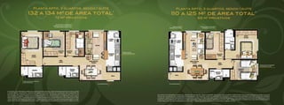 Planta Apto. 3 quartos, sendo 1 suíte                                                                                           Planta Apto. 3 quartos, sendo 1 suíte
                            132 a 134 m de área total*
                                                 2
                                                                                                                                                             110 a 125 m de área total*
                                                                                                                                                                                2
                                                                  72 m2 privativos                                                                                                               66 m2 privativos

                                                                  Este quarto poderá ser
                                                               revertido para home office
                                                                ou ser integrado ao living                                                                     Espaço para                            Este quarto pode ser
                                                                                                                                                          refeições rápidas                             integrado ao living




                                                                                                                      Espaço para
                                                                                                                      refeições rápidas




                                                                                                                                                                                                                                                                                    Este quarto pode ser
                                                                                                                                                                                                                                                                                    integrado a suíte




                     Ampla suíte com espaço
                     para armários
                                                                                                      Churrasqueira                                       Churrasqueira




Os móveis, de dimensões comerciais, objetos de decoração, pisos e rodapés das salas, circulações
e dormitórios, molduras e sancas de gesso e alguns pontos de iluminação são sugestões de
decoração, não fazendo parte do contrato de aquisição. As medidas são internas e de face a face                                           Os móveis, de dimensões comerciais, objetos de decoração, pisos e rodapés das salas, circulações e dormitórios, molduras e sancas de gesso e alguns
das paredes acabadas. *Áreas totais referentes à coluna 37 do quadro II da NBR 12721, mais vagas e                                        pontos de iluminação são sugestões de decoração, não fazendo parte do contrato de aquisição. As medidas são internas e de face a face das paredes
áreas de recreação, conforme Resumo Quadro de áreas arquivado perante o CRI competente. Área                                              acabadas. *Áreas totais referentes à coluna 37 do Quadro II da NBR 12721, mais vagas e áreas de recreação, conforme Resumo do Quadro de áreas arquivado
total de 132 m2 referente ao apto. 506 — Torre Azaléia e respectiva vaga simples descoberta no 132.                                       perante o CRI competente. Não inclui a área do garden. Área total de 110 m2 referente ao apto. 202 - Torre Girassol e respectiva vaga simples descoberta
Área total de 134 m2 referente ao apto. 806 – Torre Azaléia e respectiva vaga dupla coberta no 104.                                       no 122. Área total de 125 m2 referente ao apto. 807 - Torre Hortênsia e respectiva vaga dupla coberta no 004.
 