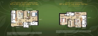 Planta Apto. 2 quartos, sendo 1 suíte                                                                                                                                          Planta Apto. 2 quartos
              97 a 101 m de área total
                                2                         *
                                                                                                                                                                        87 a 92 m de área total*        2

                                                     56 m2 privativos                                                                                                                                         49 m2 privativos

                             Lavanderia com                                            Este quarto poderá ser
                             ventilação natural                                        revertido em home office
                                                                                       ou ser integrado ao living




                                                                                                                                                                                                                                                                                                 Espaço para
                                                                                                                                                                                                                                                                                                 refeições


                                                                                                                                           Espaço para
                                                                                                                                           armários




                                        Espaço para
                                        refeições rápidas
                                                                                                                                                                                                                                                                          Área social com
                                                                                                                                                                                                                                                                          três ambientes




                                                                                                                                                          Os móveis, de dimensões comerciais, objetos de decoração, pisos e rodapés das salas, circulações e dormitórios, molduras e sancas de gesso e alguns
                                                                                                                                                          pontos de iluminação são sugestões de decoração, não fazendo parte do contrato de aquisição. As medidas são internas e de face a face das paredes
                                                                                                                                                          acabadas. *Áreas totais referentes à coluna 37 do Quadro II da NBR 12721, mais vagas e áreas de recreação, conforme Resumo do Quadro de áreas
Os móveis, de dimensões comerciais, objetos de decoração, pisos e rodapés das salas, circulações e dormitórios, molduras e sancas de gesso e alguns       arquivado perante o CRI competente. Área total de 87 m2 referente ao apto. 4304 - Torre Cravo e respectiva vaga simples descoberta no 217. Área total
pontos de iluminação são sugestões de decoração, não fazendo parte do contrato de aquisição. As medidas são internas e de face a face das paredes         de 92 m2 referente ao apto. 805 - Torre Hortênsia e respectiva vaga dupla coberta no 092.
acabadas. *Áreas totais referentes à coluna 37 do Quadro II da NBR 12721, mais vagas e áreas de recreação, conforme Resumo do Quadro de áreas
arquivado perante o CRI competente. Área total de 97 m2 referente ao apto. 204 - Torre Girassol e respectiva vaga simples descoberta no 124. Área total
de 101 m2 referente ao apto. 808 - Torre Hortênsia e respectiva vaga dupla coberta no 113.
 