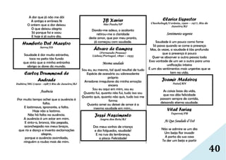 40
A dor que já não me dói
A antiga e errônea fé
O ontem que a dor deixou
O que deixou alegria
Só porque foi e voou
E hoje é já outro dia.
Humberto Del Maestro
Serra/ES
Saudade é dor muito estranha,
toca no peito tão fundo
que sinto que a minha entranha
abriga as dores do mundo.
Carlos Drummond de
Andrade
Itabira/MG (1902 - 1987) Rio de Janeiro/RJ
Ausência
Por muito tempo achei que a ausência é
falta.
E lastimava, ignorante, a falta.
Hoje não a lastimo.
Não há falta na ausência.
A ausência é um estar em mim.
E sinto-a, branca, tão pegada,
aconchegada nos meus braços,
que rio e danço e invento exclamações
alegres,
porque a ausência assimilada,
ninguém a rouba mais de mim.
JB Xavier
São Paulo/SP
Dando-me adeus, o acalanto
retirou-me a claridade
deste amor, que por meu pranto,
já começou com saudade.
Álvaro de Campos
(Fernando Pessoa)
Lisboa/Portugal, 1890 – 1935
Mesma saudade
Sou eu, eu mesmo, tal qual resultei de tudo
Espécie de acessório ou sobressalente
próprio
Arredores irregulares da minha emoção
sincera
Sou eu aqui em mim, sou eu
Quanto fui, quanto não fui, tudo isso sou
Quanto quis, quanto não quis, tudo isso me
forma
Quanto amei ou deixei de amar é a
mesma saudade em mim...
Jessé Nascimento
Angra dos Reis/RJ
Dos meus sonhos de criança
e dos folguedos, saudade!
E na rua da lembrança,
a placa: Felicidade!
Clarice Lispector
Chechelnyk/Ucrânia, 1920 – 1977, Rio de
Janeiro/RJ
Sentimento urgente
Saudade é um pouco como fome
Só passa quando se come a presença
Mas, às vezes, a saudade é tão profunda
que a presença é pouco
Quer-se absorver a outra pessoa toda
Essa vontade de um ser o outro para uma
unificação inteira
É um dos sentimentos mais urgentes que se
tem na vida.
Joamir Medeiros
Natal/RN
As coisas boas da vida,
que nos dão felicidade
passam sempre de corrida,
deixando eterna saudade.
Vital Farias
Taperoá/PB
Ai Que Saudade d´Ocê
Não se admire se um dia
Um beija flor invadir
A porta da sua casa
Te der um beijo e partir
 