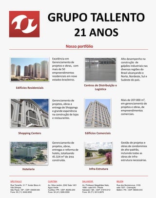 GRUPO TALLENTO
                                                                 21 ANOS
                                                       Nosso portfólio

                                        Excelência em                                                       Alto desempenho na
                                        Gerenciamento de                                                    construção de
                                        projetos e obras, com                                               galpões industriais nas
                                        mais de 50                                                          diversas regiões do
                                        empreendimentos                                                     Brasil alcançando o
                                        residenciais em nove                                                Norte, Nordeste, Sul e
                                        estados brasileiros.                                                Sudeste do país.
                                                                        Centros de Distribuição e
      Edifícios Residenciais                                                    Logística


                                        Gerenciamento de                                                    Mais de 207.000 m²,
                                        projetos, obras e                                                   em gerenciamento de
                                        entrega de Shoppings                                                projetos e obras, de
                                        e grande experiência                                                empreendimentos
                                        na construção de lojas                                              comerciais.
                                        e restaurantes.




        Shopping Centers                                                 Edifícios Comerciais


                                        Gerenciamento de                                                    Gestão de projetos e
                                        projetos, obras,                                                    obras de condomínios
                                        entregas e reforma de                                               de alto-padrão,
                                        hotéis, totalizando                                                 incluindo todas as
                                        45.324 m² de área                                                   obras de infra-
                                        construída.                                                         estrutura necessárias.


             Hotelaria                                                        Infra-Estrutura


SÃO PAULO                           CURITIBA                           SALVADOR                         BELÉM
Rua Tenerife, 31 7° Andar Bloco A   Av. Silva Jardim, 2042 Sala 1401   Av. Professor Magalhães Neto,    Rua dos Mundurucus, 3100
Vila Olímpia                        Água Verde                         1856 - sala 619 - Pituba         sala 1307 - Cremação
São Paulo / SP - CEP: 04548-040     Curitiba / PR - CEP: 80250-200     Salvador / BA - CEP: 41810-012   Belém / PA - CEP: 66040-033
Fone: 55 (11) 3049.5050             Fone: 55 (41) 3095.0059            Fone: 55 (71) 3013.0879
 
