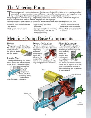 1
T
he metering pump is a positive displacement chemical dosing device with the ability to vary capacity manually or
automatically as process conditions require. It features a high level of repetitive accuracy and is capable of pump-
ing a wide range of chemicals including acids, bases, corrosives or viscous liquids and slurries.
The pumping action is developed by a reciprocating piston which is either in direct contact with the process
fluid, or is shielded from the fluid between the piston and the diaphragm.
Metering pumps are generally used in applications where one or more of the following conditions exist.
• Low flow rates in ml/hr or GPH
are required
• High system pressure exists
• High accuracy feed rate is
demanded
• Dosing is controlled by computer,
microprocessor, DCS, PLC, or
flow proportioning
• Corrosive, hazardous, or high
temperature fluids are handled
• Viscous fluids or slurries need to
be pumped
Driver
The pump is usually driven by an
AC constant speed motor. Variable
speed, pneumatic,
and hydraulic drivers
are also utilized.
Liquid End
The liquid end design and materi-
als of construction are determined
by the service conditions, and the
nature of the
fluid being
handled.
Temperature,
flow rate, fluid
viscosity, corro-
siveness and
other factors are considered.
Drive Mechanism
The drive mechanism translates
the rotary motion of the driver into
reciprocating
movement.
Industrial duty
pumps will
submerge this
portion of the
pump in an oil bath to assure relia-
bility during continuous operation.
Flow Adjustment
Pump flow rate is adjustable by
varying stroke length, effective
stroke length, or stroking speed.
Most metering
pumps are
supplied with
a micrometer
screw adjustment
similar to the
one shown here.The micrometer
can be also be replaced by an elec-
tronic or pneumatic actuator to
adjust pump flow rate in response
to process signal.
Liquid End
Driver
Drive Mechanism
Flow
Adjustment
Metering Pump Basic Components
The Metering Pump
 