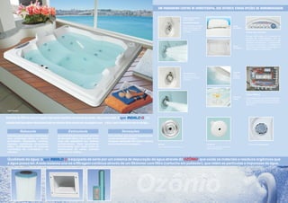 UM VERDADEIRO CENTRO DE HIDROTERAPIA, QUE OFERECE VÁRIAS OPÇÕES DE HIDROMASSAGEM


                                                                                                                                                                   Turbo-Jato Pulsante
                                                                                                                                                                   com 7 saídas
                                                                                                                                                                   Exclusividade Albacete
                                                                                                                                                                   Com habilidade de pulsar.                                     Apoio
                                                                                                                                                                   Imagine a sensação das                                        de cabeça
                                                                                                                                                                   mãos de um mestre da
                                                                                                                                                                   massagem.                                                                 Painel de comando
                                                                                                                                                                                                                                             No seu SPA Indalo G o comando do
                                                                                                                                                                                                                                             sistema de hidromassagem fica ao
                                                                                                                                                                                                                                             alcance de um toque. É assim que você
                                                                                                                                                                                                                                             controla a temperatura, o acionamento
                                                                                                                                                                                                                                             dos jatos a iluminação e a filtragem da
                                                                                                                                                                                                                                 Apoio
                                                                                                                                                                                                                                             água. Com interruptores pneumáticos o
                                                                                                                                                                                                                                 de cabeça
                                                                                                                                                                                                                                             painel é seguro e muito prático.




                                                                                                                                                                                                                                 Cascata
                                                                                                                                                                   Jato Direcional
                                                                                                                                                                                                                                 com
                                                                                                                                                                   Jato ar/água com                                              controle
                                                                                                                                                                   regulagem de direção                                          de fluxo
                                                                                                                                                                   e potência.




                                                                                                                                                                                                                                             Caixa elétrica
                                                                                                                                                                                                                                 Bar porta
                                                                                                                                                                                                                                 copos       Caixa elétrica à prova dágua ( proteção
                                                                                                                                                                                                                                             ip 55). Comanda todas as operações de
                                                                                                                                                                                                                                             funcionamento do SPA obedecendo à
                                                                                                                                                                                                                                             NBT 5410.


 Foto ilustrativa




Desfrutar do SPA em casa é a opção mais atual e benéfica em termos de saúde, relax e bem-estar. O                     G éa
solução ideal para quem deseja desfrutar ao máximo deste prazer em sua própria casa – a dois, com a família ou com os amigos.


                    Relaxante                         Estimulante                                    Sensações
 Indicada para pessoas submetidas a          Aconselhada para pessoas carentes           Para aqueles que querem experimentar
 uma sobrecarga física ou mental,            de atividade física, isto é, que levam      novas sensações na água.
 ansiedade, depressão, insônia,              uma vida sedentária por motivos             Imagine a sensação das mãos mágicas
 cansaço, contraturas musculares,            profissionais. Está igualmente              de um mestre da massagem...            Minijato                                                       Air Blower                                       Controle de Oxigenação
 enfim, manifestações da chamada             recomendada para quem sofre de                                                     Játo de água de efeito relaxante                               Jato de ar que produz borbulhas
 “patologia da civilização”, ou              transtornos do sono, estados                                                                                                                      (efeito chamapagne)

 estresse.                                   depressivos, tristeza...


 Qualidade da água: o               G é equipado de série por um sistema de depuração da água através do OZÔNIO, que oxida os materiais e resíduos orgânicos que
 a água possa ter. A este sistema une-se a filtragem contínua através de um Skimmer com filtro (cartucho em poliéster), que retém as partículas e impurezas da água.
 