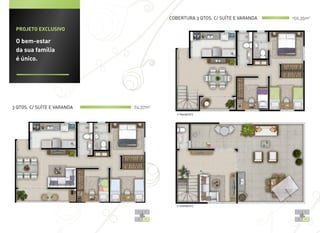 Cobertura 3 QTOS. C/ SUÍTE E VARANDA   150,35m2

 Projeto exclusivo

 O bem-estar
 da sua família
 é único.




3 QTOS. C/ SUÍTE E VARANDA   74,37m2
                                          1º pavimento




                                          2º pavimento
 