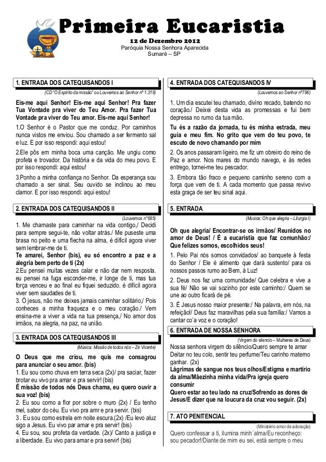 Cantos Conhecidos Para Missa De Primeira Eucaristia Folheto 1 Comunhao 2012