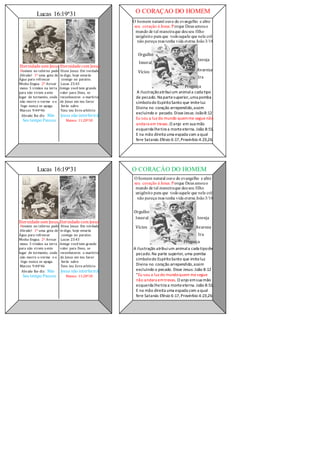 Et Eternidadesem Jesus Eternidadecom Jesus
Homem no inferno pede Disse Jesus: Em verdade
Abraão! 1º uma gota de te digo, hoje estarás
Água para refrescar comigo no paraíso.
Minha língua. 2º Avisar Lucas 23:43
meus 5 irmãos na terra Amigo você tem grande
para não virem a este valor para Deus, se
lugar de tormento, onde reconheceres o martírio
não morre o verme e o de Jesus em teu favor
fogo nunca se apaga. Serás salvo
Marcos 9:44ª46 Tens teu livre arbítrio
Abraão lhe diz: Não Jesus não interferirá!
Seu tempo Passou Mateus 11:28ª30
M
Eternidadesem Jesus Eternidadecom Jesus
Homem no inferno pede Disse Jesus: Em verdade
Abraão! 1º uma gota de te digo, hoje estarás
Água para refrescar comigo no paraíso.
Minha língua. 2º Avisar Lucas 23:43
meus 5 irmãos na terra Amigo você tem grande
para não virem a este valor para Deus, se
lugar de tormento, onde reconheceres o martírio
não morre o verme e o de Jesus em teu favor
fogo nunca se apaga. Serás salvo
Marcos 9:44ª46 Tens teu livre arbítrio
Abraão lhe diz: Não Jesus não interferirá!
Seu tempo Passou Mateus 11:28ª30
O h O homem natural ouve do evangelho e abre
E s seu coração á Jesus. Porque Deus amouo
mundo de tal maneiraque deuseu filho
unigênito para que todoaquele que nele crê
não pereça mas tenha vida eterna João3/16
A ilustração atribuium animala cada tipode
pecado.Na parte superior, uma pomba
símbolodo EspíritoSanto que imiteluz
Divina no coração arrependido,assim
excluindo o pecado. Disse Jesus: João 8:12
“Eu sou a luz do mundoquem mesegue
não andara emtrevas. O anjo emsua mão
esquerda lhetira a morteeterna. João 8:51.
E na mão direita uma espada com a qual
fere Satanás Efésio 6:17,Provérbio 4:23,26
De O homem natural ouve do evangelho e abre
E s seu coração á Jesus. Porque Deus amouo
mundo de tal maneiraque deuseu filho
unigênito para que todoaquele que nele crê
não pereça mas tenha vida eterna João3/16
A ilustraçãoatribuium animala cada tipo
de pecado. Na partesuperior,uma pomba
símbolodo EspíritoSanto que imiteluz
Divina no coração arrependido,assim
excluindo o pecado. DisseJesus: João8:12
Eu sou a luz do mundo quemme segue não
andara em trevas.O anjo em sua mão
esquerda lhetira a morteeterna. João 8:51.
E na mão direita uma espada com a qual
fere Satanás Efésio 6:17,Provérbio 4:23,26
O CORAÇAO DO HOMEM
O CORAÇÁO DO HOMEM
Inveja
Avareza
Ira
Preguiça
Orgulho
Imoral
Vícios
Inveja
Avareza
Ira
Orgulho
Imoral
Vícios
Preguiça
Lucas 16:19ª31
Lucas 16:19ª31
 