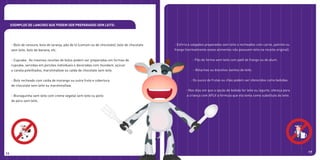 - Bolo de cenoura, bolo de laranja, pão de ló (comum ou de chocolate), bolo de chocolate
sem leite, bolo de banana, etc.
- Cupcake. As mesmas receitas de bolos podem ser preparadas em formas de
cupcake, servidas em porções individuais e decoradas com foundant, açúcar
e canela polvilhados, marshmallow ou calda de chocolate sem leite.
- Bolo recheado com calda de morango ou outra fruta e cobertura
de chocolate sem leite ou marshmallow.
- Bisnaguinha sem leite com creme vegetal sem leite ou peito
de peru sem leite.
16 17
- Esfirra e salgados preparados sem leite e recheados com carne, palmito ou
frango (normalmente esses alimentos não possuem leite na receita original).
- Pão de forma sem leite com patê de frango ou de atum.
- Bolachas ou biscoitos isentos de leite.
- Os sucos de frutas ou chás podem ser oferecidos como bebidas.
- Nos dias em que a opção de bebida for leite ou iogurte, ofereça para
a criança com APLV a fórmula que ela toma como substituto do leite.
Exemplos de lanches que podem ser preparados sem leite:
 