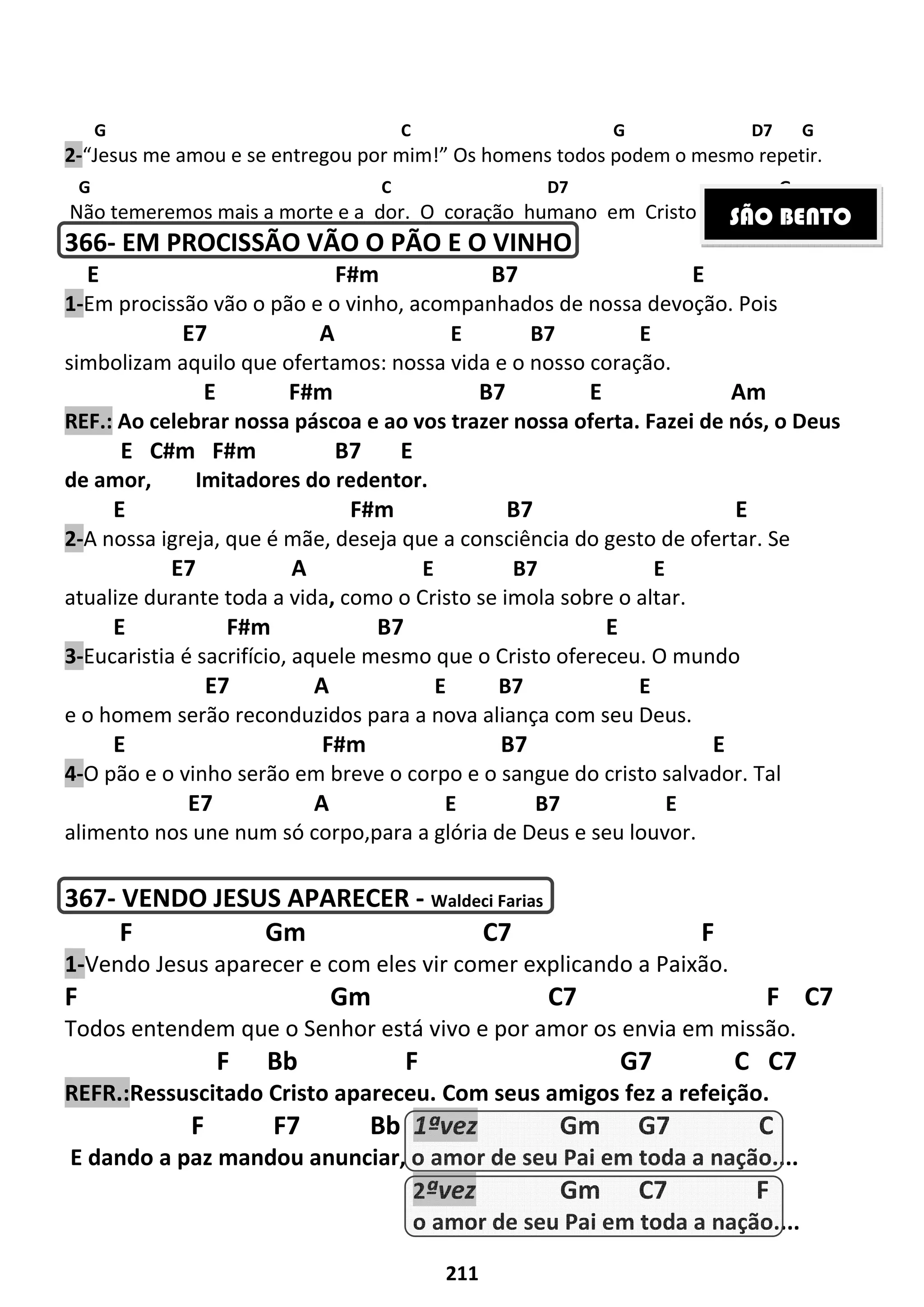 211
G C G D7 G
2-“Jesus me amou e se entregou por mim!” Os homens todos podem o mesmo repetir.
G C D7 G
Não temeremos mais a morte e a dor. O coração humano em Cristo descansou.
366- EM PROCISSÃO VÃO O PÃO E O VINHO
E F#m B7 E
1-Em procissão vão o pão e o vinho, acompanhados de nossa devoção. Pois
E7 A E B7 E
simbolizam aquilo que ofertamos: nossa vida e o nosso coração.
E F#m B7 E Am
REF.: Ao celebrar nossa páscoa e ao vos trazer nossa oferta. Fazei de nós, o Deus
E C#m F#m B7 E
de amor, Imitadores do redentor.
E F#m B7 E
2-A nossa igreja, que é mãe, deseja que a consciência do gesto de ofertar. Se
E7 A E B7 E
atualize durante toda a vida, como o Cristo se imola sobre o altar.
E F#m B7 E
3-Eucaristia é sacrifício, aquele mesmo que o Cristo ofereceu. O mundo
E7 A E B7 E
e o homem serão reconduzidos para a nova aliança com seu Deus.
E F#m B7 E
4-O pão e o vinho serão em breve o corpo e o sangue do cristo salvador. Tal
E7 A E B7 E
alimento nos une num só corpo,para a glória de Deus e seu louvor.
367- VENDO JESUS APARECER - Waldeci Farias
F Gm C7 F
1-Vendo Jesus aparecer e com eles vir comer explicando a Paixão.
F Gm C7 F C7
Todos entendem que o Senhor está vivo e por amor os envia em missão.
F Bb F G7 C C7
REFR.:Ressuscitado Cristo apareceu. Com seus amigos fez a refeição.
F F7 Bb 1ªvez Gm G7 C
E dando a paz mandou anunciar, o amor de seu Pai em toda a nação....
2ªvez Gm C7 F
o amor de seu Pai em toda a nação....
SÃO BENTO
 