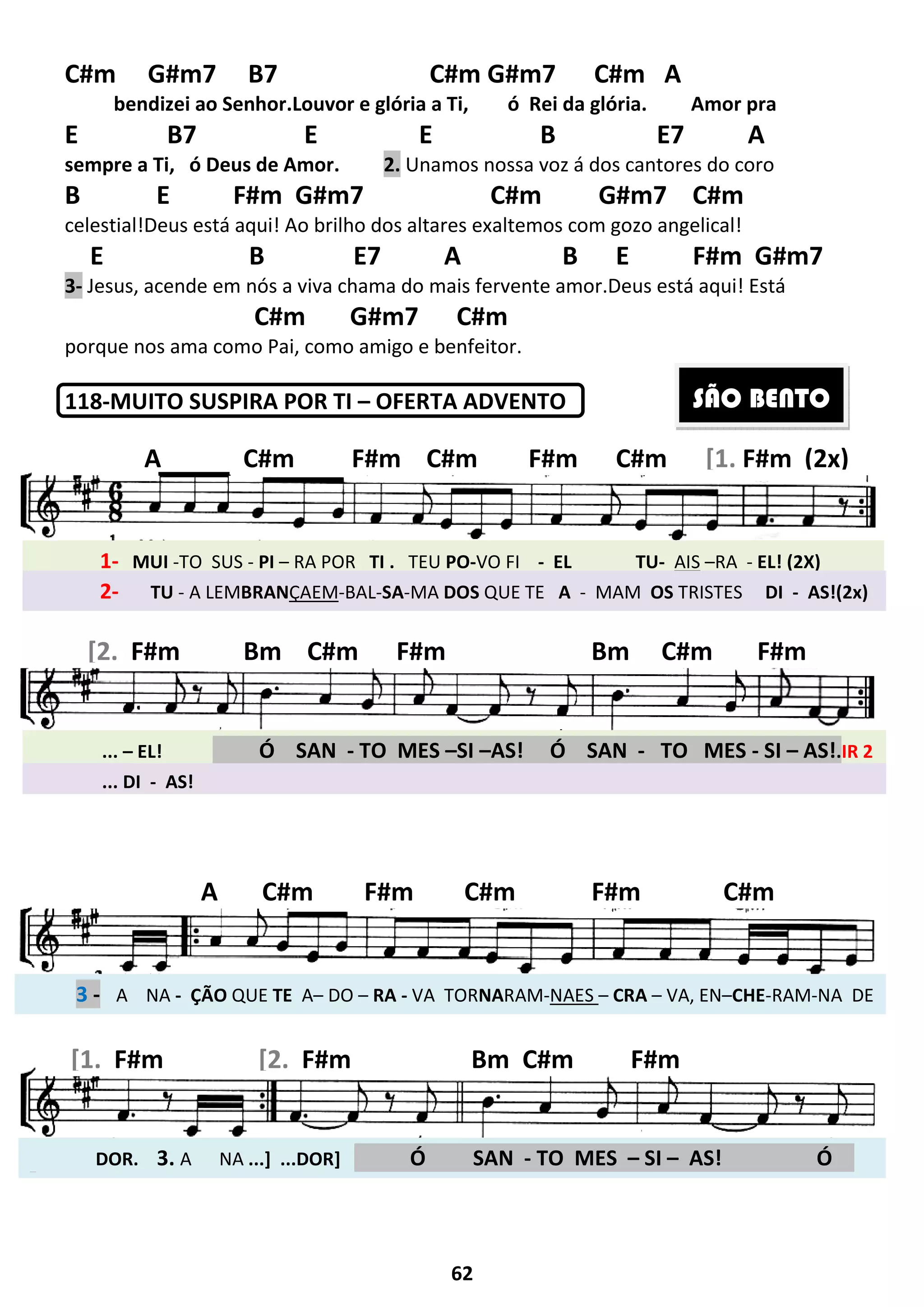 C#m G#m7 B7
bendizei ao Senhor.Louvor e glória a Ti,
E B7 E
sempre a Ti, ó Deus de Amor.
B E F#m G#m7
celestial!Deus está aqui! Ao brilho dos altares exaltemos com gozo angelical!
E B
3- Jesus, acende em nós a viva
C#m G#m7 C#m
porque nos ama como Pai, como amigo e benfeitor.
118-MUITO SUSPIRA POR TI
1- MUI -TO SUS - PI – RA POR
2- TU - A LEMBRANÇAEM
A C#m F#m C#m F#m C#m
... – EL! . Ó SAN
… - DI - AS
[2. F#m Bm C#m F#m
3 - A NA - ÇÃO QUE TE A– DO
A C#m
DOR. 3. A NA ...] ...DOR
.
[1. F#m [2. F#m Bm
... DI - AS!
62
C#m G#m7 C#m A
izei ao Senhor.Louvor e glória a Ti, ó Rei da glória.
E B E7 A
de Amor. 2. Unamos nossa voz á dos cantores do coro
B E F#m G#m7 C#m G#m7 C#m
brilho dos altares exaltemos com gozo angelical!
E7 A B E F#m G#m7
chama do mais fervente amor.Deus está aqui! Está
C#m G#m7 C#m
ama como Pai, como amigo e benfeitor.
MUITO SUSPIRA POR TI – OFERTA ADVENTO
POR TI . TEU PO-VO FI - EL TU-
ÇAEM-BAL-SA-MA DOS QUE TE A - MAM OS
C#m F#m C#m F#m C#m
SAN - TO MES –SI –AS! Ó SAN - TO MES
m C#m F#m Bm C#m
DO – RA - VA TORNARAM-NAES – CRA – VA, EN
F#m C#m F#m
] . Ó SAN - TO MES – SI –
F#m Bm C#m F#m
C#m G#m7 C#m A
Amor pra
B E7 A
Unamos nossa voz á dos cantores do coro
C#m G#m7 C#m
brilho dos altares exaltemos com gozo angelical!
B E F#m G#m7
Deus está aqui! Está
AIS –RA - EL! (2X)
OS TRISTES DI - AS!(2x)
C#m F#m C#m F#m C#m [1. F#m (2x)
TO MES - SI – AS!.IR 2
C#m F#m
VA, EN–CHE-RAM-NA DE
C#m
– AS! Ó .
F#m
SÃO BENTO
 