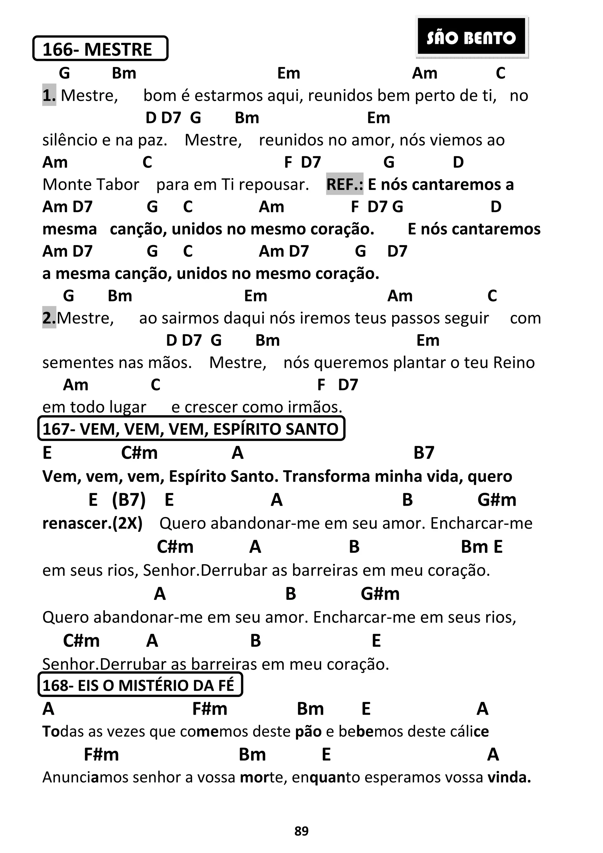 89
166- MESTRE
G Bm Em Am C
1. Mestre, bom é estarmos aqui, reunidos bem perto de ti, no
D D7 G Bm Em
silêncio e na paz. Mestre, reunidos no amor, nós viemos ao
Am C F D7 G D
Monte Tabor para em Ti repousar. REF.: E nós cantaremos a
Am D7 G C Am F D7 G D
mesma canção, unidos no mesmo coração. E nós cantaremos
Am D7 G C Am D7 G D7
a mesma canção, unidos no mesmo coração.
G Bm Em Am C
2.Mestre, ao sairmos daqui nós iremos teus passos seguir com
D D7 G Bm Em
sementes nas mãos. Mestre, nós queremos plantar o teu Reino
Am C F D7
em todo lugar e crescer como irmãos.
167- VEM, VEM, VEM, ESPÍRITO SANTO
E C#m A B7
Vem, vem, vem, Espírito Santo. Transforma minha vida, quero
E (B7) E A B G#m
renascer.(2X) Quero abandonar-me em seu amor. Encharcar-me
C#m A B Bm E
em seus rios, Senhor.Derrubar as barreiras em meu coração.
A B G#m
Quero abandonar-me em seu amor. Encharcar-me em seus rios,
C#m A B E
Senhor.Derrubar as barreiras em meu coração.
168- EIS O MISTÉRIO DA FÉ
A F#m Bm E A
Todas as vezes que comemos deste pão e bebemos deste cálice
F#m Bm E A
Anunciamos senhor a vossa morte, enquanto esperamos vossa vinda.
SÃO BENTO
 