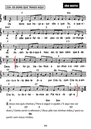 210- OS DONS QUE TRAGO AQUI
F F 7
F
2. Jesus nos quis chamar,/ Para o seguir e ajudar./ E aqui nos vai
C C7 F F7
dizer,/ Como servir o oferecer./ Deus põe nas minhas mãos,/ para eu
Bb
partir com meus irmãos.
F
Gm7
F F 7
Bb
C7
F
121
OS DONS QUE TRAGO AQUI
F F 7
Dm Gm
Jesus nos quis chamar,/ Para o seguir e ajudar./ E aqui nos vai
C C7 F F7
dizer,/ Como servir o oferecer./ Deus põe nas minhas mãos,/ para eu
partir com meus irmãos.
Gm7 C C 7
F F 7
F
F7 Bb
C7
SÃO BE
F F 7
Jesus nos quis chamar,/ Para o seguir e ajudar./ E aqui nos vai
C C7 F F7
dizer,/ Como servir o oferecer./ Deus põe nas minhas mãos,/ para eu
Dm
C C 7
F F 7
F
ÃO BENTO
 