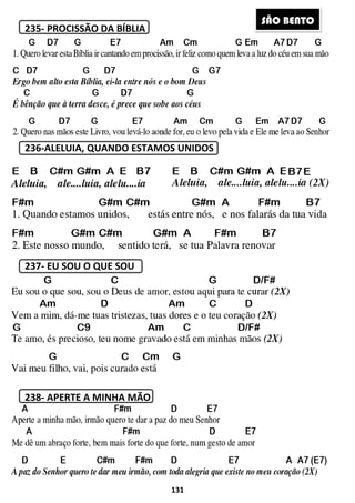 235- PROCISSÃO DA BÍBLIA
236-ALELUIA, QUANDO ESTAMOS UNIDOS
237- EU SOU O QUE SOU
238- APERTE A MINHA MÃO
131
PROCISSÃO DA BÍBLIA
LELUIA, QUANDO ESTAMOS UNIDOS
EU SOU O QUE SOU
APERTE A MINHA MÃO
SÃO BENTO
 