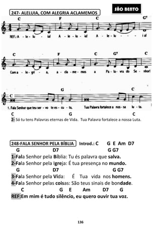 247- ALELUIA, COM ALEGRIA ACLAMEMOS
C
2- Só tu tens Palavras eternas de Vida. Tua Palavra fortalece a nossa Luta.
248-FALA SENHOR PELA BÍBLIA
G D7
1-Fala Senhor pela Bíblia: Tu és palavra que
2-Fala Senhor pela Igre
G D7 G G7
3-Fala Senhor pela Vida:
4-Fala Senhor pelas cois
C
REF:Em mim é tudo silêncio, eu quero ouvir tua voz.
136
ALELUIA, COM ALEGRIA ACLAMEMOS
G C
Só tu tens Palavras eternas de Vida. Tua Palavra fortalece a nossa Luta.
SENHOR PELA BÍBLIA Introd.: C G E Am D7
G D7 G G7
blia: Tu és palavra que salva.
greja: É tua presença no mundo.
G D7 G G7
da: É Tua vida nos homens.
coisas: São teus sinais de bon
C G E Am D7
Em mim é tudo silêncio, eu quero ouvir tua voz.
S
G C
Só tu tens Palavras eternas de Vida. Tua Palavra fortalece a nossa Luta.
C G E Am D7
G G7
salva.
mundo.
G D7 G G7
homens.
as: São teus sinais de bondade.
G
Em mim é tudo silêncio, eu quero ouvir tua voz.
SÃO BENTO
 