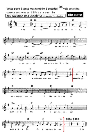 Vosso povo é santo mas também é
correta em: w w w . C i F r a s . c o m . b r
265- NA MESA DA EUCARÍSTIA
C
CG
147
Vosso povo é santo mas também é pecador!
(3X)
veja esta cifra
correta em: w w w . C i F r a s . c o m . b r
NA MESA DA EUCARÍSTIA –Pe Vanido/ Pe. J. Eugênio
G Em B C G
veja esta cifra
G Em B C G
SÃO BENTO
 
