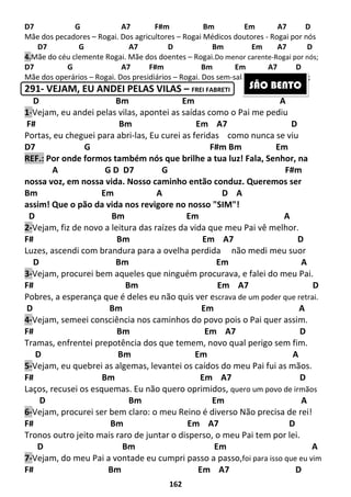 162
D7 G A7 F#m Bm Em A7 D
Mãe dos pecadores – Rogai. Dos agricultores – Rogai Médicos doutores - Rogai por nós
D7 G A7 D Bm Em A7 D
4.Mãe do céu clemente Rogai. Mãe dos doentes – Rogai.Do menor carente-Rogai por nós;
D7 G A7 F#m Bm Em A7 D
Mãe dos operários – Rogai. Dos presidiários – Rogai. Dos sem-salários- Rogai por nós;
291- VEJAM, EU ANDEI PELAS VILAS – FREI FABRETI
D Bm Em A
1-Vejam, eu andei pelas vilas, apontei as saídas como o Pai me pediu
F# Bm Em A7 D
Portas, eu cheguei para abri-las, Eu curei as feridas como nunca se viu
D7 G F#m Bm Em
REF.: Por onde formos também nós que brilhe a tua luz! Fala, Senhor, na
A G D D7 G F#m
nossa voz, em nossa vida. Nosso caminho então conduz. Queremos ser
Bm Em A D A
assim! Que o pão da vida nos revigore no nosso "SIM"!
D Bm Em A
2-Vejam, fiz de novo a leitura das raízes da vida que meu Pai vê melhor.
F# Bm Em A7 D
Luzes, ascendi com brandura para a ovelha perdida não medi meu suor
D Bm Em A
3-Vejam, procurei bem aqueles que ninguém procurava, e falei do meu Pai.
F# Bm Em A7 D
Pobres, a esperança que é deles eu não quis ver escrava de um poder que retrai.
D Bm Em A
4-Vejam, semeei consciência nos caminhos do povo pois o Pai quer assim.
F# Bm Em A7 D
Tramas, enfrentei prepotência dos que temem, novo qual perigo sem fim.
D Bm Em A
5-Vejam, eu quebrei as algemas, levantei os caídos do meu Pai fui as mãos.
F# Bm Em A7 D
Laços, recusei os esquemas. Eu não quero oprimidos, quero um povo de irmãos
D Bm Em A
6-Vejam, procurei ser bem claro: o meu Reino é diverso Não precisa de rei!
F# Bm Em A7 D
Tronos outro jeito mais raro de juntar o disperso, o meu Pai tem por lei.
D Bm Em A
7-Vejam, do meu Pai a vontade eu cumpri passo a passo,foi para isso que eu vim
F# Bm Em A7 D
SÃO BENTO
 