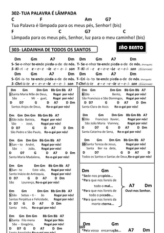 169
302-TUA PALAVRA É LÂMPADA
C F Am G7
Tua Palavra é lâmpada para os meus pés, Senhor! (bis)
F C G7 C
Lâmpada para os meus pés, Senhor, luz para o meu caminho! (bis)
303- LADAINHA DE TODOS OS SANTOS
Dm Gm A7 Dm Dm Gm A7 Dm
S- Se-e-nhor te-ende pieda-a-de de nós. T- Se-e-nhor te-ende pieda-a-de de nós. (Português)
S- Ki- ri - e e – e– e –le -e – e- i- son T- Ki- ri - e e – e–e –Le -e – e-i- son (Ελλενικα)
Dm Gm A7 Dm Dm Gm A7 Dm
S- Cri -is- to te-ende pieda-a-de de nós. T- Cri -is- to te-ende pieda-a-de de nós. (Português)
S- Chri-is-te e – e– e –le -e – e- i- son T-Chri-is-te e – e –e –le -e – e- i- son (Ελλενικα)
Dm Gm Dm Gm Bb Gm Bb A7
1-Santa Maria Mãe de Deus, Rogai por nós!
São - Mi - guel, Rogai por nós!
D D7 G D A7 D Dm
Santos Anjos de Deus, Ro-o-gai por nós!
Dm Gm Dm Gm Bb Gm Bb A7
2-São João Batista, Rogai por nós!
São - José, Rogai por nós!
D D7 G D A7 D Dm
São Pedro e São Paulo, Ro-o-gai por nós!
Dm Gm Dm Gm Bb Gm Bb A7
3-San – to André, Rogai por nós!
São - João, Rogai por nós!
D D7 G D A7 D Dm
Santa Maria Madalena, Ro-o-gai por nós!
Dm Gm Dm Gm Bb Gm Bb A7
4-San - to Este- vão, Rogai por nós!
Santo Inácio de Antioquia, Rogai por nós!
D D7 G D A7 D Dm
São Lourenço, Ro-o-gai por nós!
Dm Gm Dm Gm Bb Gm Bb A7
5-São Sebas – ti - ão Rogai por nós!
Santas Perpétua e Felicidade, Rogai por nós!
D D7 G D A7 D Dm
Santa Inês, Ro-o-gai por nós!
Dm Gm Dm Gm Bb Gm Bb A7
6-Santa Filo mena Rogai por Nós
São - Gregório, Rogai por nós!
D D7 G D A7 D Dm
Dm Gm Dm Gm Bb Gm Bb A7
8-São - Bento, Rogai por nós!
São Francisco e São Domingos, Rogai por nós!
D D7 G D A7 D Dm
Santa Clara de Assis Ro-o-gai por nós!
Dm Gm Dm Gm Bb Gm Bb A7
9-São Francisco Xavier, Rogai por nós!
São João Maria Vianney, Rogai por nós!
D D7 G D A7 D Dm
Santa Catarina de Sena, Ro-o-gai por nós!
Dm Gm Dm Gm Bb Gm Bb A7
10-Santa Tereza de Jesus, Rogai por nós!
Santa Ber na dete, Rogai por nós!
D D7 G D A7 D
Todos os Santos e Santas de Deus,Ro-o-gai por nós!
Dm Gm
*Sede-nos propício...
*Para que nos livreis de
todo o mal... A7 Dm
*Para que nos livreis de Ouvi-nos Senhor.
todo o pecado...
*Para que nos livreis da
morte eterna...
Dm Gm
*Pela vossa encarnação... A7 Dm
SÃO BENTO
 