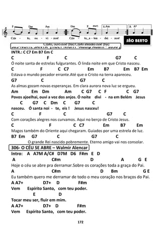 305-NOITE SANTA (HOLY NIGHT
INTR.: C C7 Em B7 Em C
C F C G7
Ó noite santa de estrelas fulgurante
C F C C7 Em B7 Em
Estava o mundo pecador errante.
G7 C G7 C
As almas gozam novas esperança
Am Em Dm Am C G7 C F
Povos ajoelhai, ouvi a voz dos anjos. Ó noite
C G7 C Dm C G7 C
nasceu. Ó santa noi - te,
C F C G7 C
Com corações alegres nos curvamos
C F C C7
Magos também do Oriente aqui chegaram.
B7 Em G7 C G7 C
O grande Rei nascido pobremente
306- O CÉU SE ABRE – Walmir Alencar
Intro: A A7M A/C# D7M D6 F#m E D
A C#m
Hoje o céu se abre pra derramar.Sobre os corações toda a graça do Pai
A C#m
Eu também quero me derramar de todo o meu coração nos braços do Pai
A A7+ D7+ D F#m
Vem Espírito Santo, com teu poder.
E
Tocar meu ser, fluir em mim.
A A7+ D7+ D F#m
Vem Espírito Santo, com teu poder.
172
HOLY NIGHT -Adolp Adam - 1856 )
F C G7
Ó noite santa de estrelas fulgurantes. Ó linda noite em que Cristo nasceu
F C C7 Em B7 Em
mundo pecador errante.Até que o Cristo na terra apareceu
G7 C G7 C
esperanças. Em clara aurora nova luz se ergueu
Em Dm Am C G7 C F
Povos ajoelhai, ouvi a voz dos anjos. Ó noite divi - na em Belém
C G7 C Dm C G7 C
te, eis ! Jesus nasceu!
F C G7 C
Com corações alegres nos curvamos. Aqui no berço de Cristo Jesus.
F C C7 Em B7 Em
também do Oriente aqui chegaram. Guiados por uma estrela de luz.
G7 C G7 C
nascido pobremente. Eterno amigo vai nos conso
Walmir Alencar
Intro: A A7M A/C# D7M D6 F#m E D
A C#m D
o céu se abre pra derramar.Sobre os corações toda a graça do Pai
C#m D Bm
Eu também quero me derramar de todo o meu coração nos braços do Pai
D7+ D F#m
com teu poder.
D
Tocar meu ser, fluir em mim.
D F#m
com teu poder.
1856 )
F C G7 C
Ó linda noite em que Cristo nasceu.
F C C7 Em B7 Em B7 Em
Até que o Cristo na terra apareceu.
G7 C G7 C
aurora nova luz se ergueu.
C G7
na em Belém Jesus
F C G7 C
Aqui no berço de Cristo Jesus.
Em B7 Em
Guiados por uma estrela de luz.
G7 C G7 C
Eterno amigo vai nos consolar.
A G E
o céu se abre pra derramar.Sobre os corações toda a graça do Pai.
Bm G E
Eu também quero me derramar de todo o meu coração nos braços do Pai.
SÃO BENTO
 