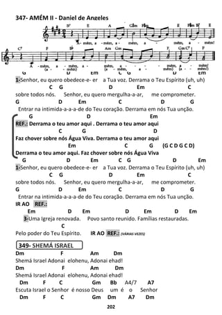 347- AMÉM II - Daniel de Angeles
348- DERRAMA O TEU AMOR
G D
1-Senhor, eu quero obedece
C G
sobre todos nós. Senhor, eu quero mergulha
G D Em
Entrar na intimida-a-a-a-de do Teu coração.
G
REF.: Derrama o teu amor aqui .
C
Faz chover sobre nós Água Viva.
Em
Derrama o teu amor aqui.
G D
1-Senhor, eu quero obedece
C G
sobre todos nós. Senhor, eu quero mergulha
G D Em
Entrar na intimida-a-a-a-de do Te
IR AO REF.:
Em D
3-Uma Igreja renovada.
C
Pelo poder do Teu Espírito.
349- SHEMÁ ISRAEL
Dm F
Shemá Israel Adonai elohenu
Dm F
Shemá Israel Adonai elohenu
Dm F C
Escuta Israel o Senhor é nosso Deus
Dm F C
202
Daniel de Angeles
O TEU AMOR – CELINA BORGES
Em C G
Senhor, eu quero obedece-e- er a Tua voz. Derrama o Teu Espírito (uh, uh)
G D Em
Senhor, eu quero mergulha-a-ar, me comprometer.
Em C
de do Teu coração. Derrama em nós Tua unção.
D Em
Derrama o teu amor aqui . Derrama o teu amor aqui
G D
Faz chover sobre nós Água Viva. Derrama o teu amor aqui
C G
aqui. Faz chover sobre nós Água Viva
Em C G
Senhor, eu quero obedece-e- er a Tua voz. Derrama o Teu Espírito (uh, uh)
C G D Em
Senhor, eu quero mergulha-a-ar, me comprometer.
Em C
de do Teu coração. Derrama em nós Tua unção.
Em D Em
Uma Igreja renovada. Povo santo reunido. Famílias restauradas.
. IR AO REF.: (VÁRIAS VEZES)
Am Dm
enu, Adonai ehad!
Am Dm
enu, Adonai ehad!
Gm Bb A4/7 A7
Escuta Israel o Senhor é nosso Deus um é o Senhor
Gm Dm A7 Dm
SÃO BENTO
D Em
r a Tua voz. Derrama o Teu Espírito (uh, uh)
C
me comprometer.
D G
Derrama em nós Tua unção.
(G C D G C D)
D Em
r a Tua voz. Derrama o Teu Espírito (uh, uh)
C
me comprometer.
D G
u coração. Derrama em nós Tua unção.
Em D Em
Famílias restauradas.
SÃO BENTO
 