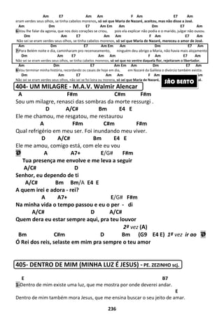 236
Am E7 Am Am F Am E7 Am
eram verdes seus olhos, se tinha cabelos morenos, só sei que Maria de Nazaré, aceitou, mas não disse a José.
Am Dm E7 Am Em Am Dm E7 Am
6-Vou lhe falar da agonia, que nos dois corações se criou, pois ela explicar não podia e o marido, julgar não ousou.
Dm Am E7 Am Am F Am E7 Am
Não sei se eram verdes seus olhos, se tinha cabelos morenos, só sei que Maria de Nazaré, mereceu o amor de José.
Am Dm E7 Am Em Am Dm E7 Am
7-Para Belém noite e dia, caminharam pro recenseamento, ninguém deu abrigo a Maria, não havia mais alojamento.
Dm Am E7 Am Am F Am E7 Am
Não sei se eram verdes seus olhos, se tinha cabelos morenos, só sei que no ventre daquela flor, rejeitaram o libertador.
Am Dm E7 Am Em Am Dm E7 Am
8-Vou terminar minha história, recordando os casais de hoje em dia, em Nazaré da Galileia o divórcio também existia.
Dm Am E7 Am Am F Am E7 Am
Não sei se eram verdes seus olhos, não sei se foi loira ou morena, só sei que Maria de Nazaré, foi fiel a seu Deus e a José.
404- UM MILAGRE - M.A.V. Walmir Alencar
A F#m C#m F#m
Sou um milagre, renasci das sombras da morte ressurgi .
D A/C# Bm E4 E
Ele me chamou, me resgatou, me restaurou
A F#m C#m F#m
Qual refrigério em meu ser. Foi inundando meu viver.
D A/C# Bm E4 E
Ele me amou, comigo está, com ele eu vou
Ø A A7+ E/G# F#m
Tua presença me envolve e me leva a seguir
A/C# D
Senhor, eu dependo de ti
A/C# Bm Bm/A E4 E
A quem irei e adora - rei?
A A7+ E/G# F#m
Na minha vida o tempo passou e eu o per - di
A/C# D A/C#
Quem dera eu estar sempre aqui, pra teu louvor
2ª vez (A)
Bm C#m D Bm (G9 E4 E) 1ª vez ir ao Ø
Ó Rei dos reis, selaste em mim pra sempre o teu amor
405- DENTRO DE MIM (MINHA LUZ É JESUS) - PE. ZEZINHO scj.
E B7
1-Dentro de mim existe uma luz, que me mostra por onde deverei andar.
E
Dentro de mim também mora Jesus, que me ensina buscar o seu jeito de amar.
SÃO BENTO
 