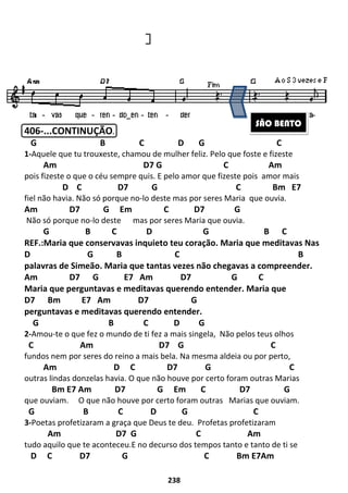 238
406-...CONTINUÇÃO.
G B C D G C
1-Aquele que tu trouxeste, chamou de mulher feliz. Pelo que foste e fizeste
Am D7 G C Am
pois fizeste o que o céu sempre quis. E pelo amor que fizeste pois amor mais
D C D7 G C Bm E7
fiel não havia. Não só porque no-lo deste mas por seres Maria que ouvia.
Am D7 G Em C D7 G
Não só porque no-lo deste mas por seres Maria que ouvia.
G B C D G B C
REF.:Maria que conservavas inquieto teu coração. Maria que meditavas Nas
D G B C B
palavras de Simeão. Maria que tantas vezes não chegavas a compreender.
Am D7 G E7 Am D7 G C
Maria que perguntavas e meditavas querendo entender. Maria que
D7 Bm E7 Am D7 G
perguntavas e meditavas querendo entender.
G B C D G
2-Amou-te o que fez o mundo de ti fez a mais singela, Não pelos teus olhos
C Am D7 G C
fundos nem por seres do reino a mais bela. Na mesma aldeia ou por perto,
Am D C D7 G C
outras lindas donzelas havia. O que não houve por certo foram outras Marias
Bm E7 Am D7 G Em C D7 G
que ouviam. O que não houve por certo foram outras Marias que ouviam.
G B C D G C
3-Poetas profetizaram a graça que Deus te deu. Profetas profetizaram
Am D7 G C Am
tudo aquilo que te aconteceu.E no decurso dos tempos tanto e tanto de ti se
D C D7 G C Bm E7Am
SÃO BENTO
 