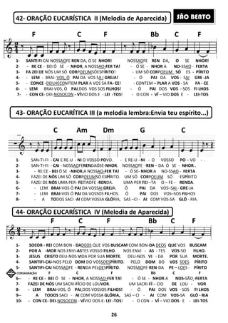 42- ORAÇÃO EUCARÍSTICA II (
1- SANTI FI CAI NOSSAOFE REN DA, Ó SE
2- - RE CE - BEI Ó SE - NHOR,
3- FA ZEI DE NÓS UM SÓ CORPO
4- - LEM - BRAI- VOS, Ó PAI DA
5- - CONCE -DEILHECOMTEM PLA
6- - LEM BRAI-VOS, Ó PAI,DOS
7- - CON CE- DEI-NOSOCON - VÍVIO DOS E
43- ORAÇÃO EUCARÍTICA III (a melodia lembra:Envia teu espírito...)
C Am Dm
1- SANTI FI CAI NOSSAOFE REN DA, Ó SE
1- SAN-TI-FI - CAI E RE-U - NI
2- SAN-TI-FI - CAI - NOSSAOFE
3- - RE CE - BEI Ó SE -NHOR,A NOSS
4- FAZEI DE NÓS UM SÓ CORP
5- FAZEI DE NÓS UMA PER- FEI
6- - LEM BRAI-VOS Ó PAI DA VOSS
7- - LEM BRAI-VOS Ó PAI DA VOSSOS
8- - A TODOS SACI -AI COM VOSSA
44- ORAÇÃO EUCARÍSTICA IV (Melodia de Aparecida)
F C
1- SOCOR - REI COM BON - DADE
2- POR A -MOR NOS ENVI-ASTES
3- JESUS CRISTO DEU-NOS VIDA POR SUA
4- SANTIFI-CAI-NOS PELO DOM
5- SANTIFI-CAI NOSSAOFE - REN
CONSAGRAÇÃO F C
6-- - RE CE - BEI Ó SE - NHOR
7- FAZEI DE NÓS UM SACRI-FÍCIO DE LOU
8- - LEM BRAI-VOS, Ó PAI,DOS
9-- A TODOS SACI - AI COM VOSSA
10- - CON CE- DEI-NOSOCON - VÍ
F C
26
RAÇÃO EUCARÍSTICA II (Melodia de Aparecida)
DA, Ó SE NHOR! NOSSAOFE REN DA,
, A NOSSAO-FER TA! - Ó SE - NHOR A
OEUMSÓESPÍRITO! - UM SÓ CORPOEUM
DA VOS SA I GREJA! - Ó PAI DA
PLAR A VOS SA FA- CE! - CONTEM – PLAR
,DOS VOS SOS FILHOS! - Ó PAI DOS
VIO DOS E - LEI -TOS! - O CON - VÍ – VIO
ORAÇÃO EUCARÍTICA III (a melodia lembra:Envia teu espírito...)
Am Dm G C
FE REN DA, Ó SE NHOR! NOSSAOFE REN DA,
NI O VOSSO POVO. - E RE-U - NI - O VOSSO
FERENDAÓSE-NHOR. NOSSAOFE -REN – DA Ó SE
,A NOSSAO-FER TA! - Ó SE- NHOR A NO
POEUMSÓ ESPÍRITO. UM SÓ CORPOEUM
FEITAOFE -RENDA. UMA PER FEI –TA O
DA VOSSAI GREJA. Ó PAI DA VOS
DA VOSSOS FILHOS. Ó PAI DOS VOS
COM VOSSA GLÓRIA, SAS –CI - AI COM VOS
RAÇÃO EUCARÍSTICA IV (Melodia de Aparecida)
C F Bb C F
DEOS QUE VOS BUSCAM COM BON-DA DEOS
TES VOSSO FILHO. NOS ENVI - AS - TES
DA POR SUA MORTE. DEU-NOS VI - DA
DOM DO VOSSOESPÍRITO. PELO DOM DO
RENDA PELOESPÍRITO. NOSSAOFE-REN-DA
F C F Bb C F
NHOR, A NOSSAO-FER TA! - Ó SE - NHOR
CIO DE LOUVOR. UM SACRI-FÍ – CIO
,DOS VOSSOS FILHOS! - Ó PAI DOS
COM VOSSA GLÓRIA, SAS – CI - AI COM
VÍVIO DOS E- LEI -TOS! - O CON - VÍ – VIO
F Bb C F
Aparecida)
DA, Ó SE NHOR!
A NO-SSAO - FERTA
OEUM SÓ ES - PÍRITO
DA VOS - SAI GRE -JA
PLAR A VOS - SA FA - CE
DOS VOS - SOS FI LHOS
VIO DOS E - LEI-TOS
ORAÇÃO EUCARÍTICA III (a melodia lembra:Envia teu espírito...)
G C
DA, Ó SE NHOR!
O VOSSO PO – VO - .
DA Ó SE - NHOR .
NO-SSAO - FERTA
SÓ ESPÍRITO
TA O – FE - RENDA.
DA VOS–SAI - GRE-JA
DOS VOS–SOS FILHOS
COM VOS-SA GLÓ - RIA.
RAÇÃO EUCARÍSTICA IV (Melodia de Aparecida)
Bb C F
DEOS QUE VOS BUSCAM
TES VOS-SO FILHO.
DA POR SUA MORTE.
DO VOS SOES PÍRITO
DA PE – LOES - PÍRITO
Bb C F
A NOS-SÃO -FERTA
DE LOU - VOR
DOS VOS - SOS FI LHOS
COM VOS-SA GLÓ - RIA
VIO DOS E - LEI-TOS
F Bb C F
SÃO BENTO
 