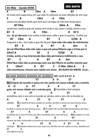 36
65-Mãe - banda DOM
E B C#m A F#m B7
Se estás sem esperança em sua vida.Te sufocam as tuas aflições.Se em tuas
E B C#m A F#m
costas há pesados fardo que tens que carregar.Já não tens força para
B7 F#m G#m A F#m
continuar.Lembra que ela existe com todo o seu amor e pode aliviar a tua
B7 E A F#m D B7 E
dor. Se já não tens mais vinho a mãe bem sabe o que tu queres. E olha tua
B7 C#m A B7 E E/G# A
fraqueza e diz:- Faz tudo o que Ele disser! Que mãe não sabe do sofrimento
B7 E A B7 A Am E
de um filho?Que mãe não sabe o que ele passa?Maria roga a Cristo por ti
C#m7 A B7 E E/G# A
irmão, aceita a tua intercessão.Que mãe permanece indiferente a seu
B7 E A B7 A Am
filho?Que mãe não se preocupa com sua dor?Maria te acolhe mesmo que
E C#m7 A B7 E E F#m G#m A E
não reconheças, mesmo que rejeite seu amor. AH AUAH AH AH(2X) Se já...
66-HINO ÀNOSSA SENHORA DE LOURDES INT. A E7 A D E7 A
A E7 A D E7
Re.:Virgem de Lourdes o povo em vós confia em nossa cidade sois a estrela
A D A E7 A A E7
guia, em nossa cidade sois a estrela guia. 1- Humilde e fiel sempre
D E7 A E7
acreditou com o seu sim o mundo se salvou, com o seu sim o mundo se
A A E7 D E7 A
salvou. 2- O espírito de Deus sempre te conduz, bendito o ventre em que formou Jesus,
E7 A A E7 D
bendito o ventre em que formou Jesus. 3- Ó Virgem de Lourdes Mãe tão bondosa, por Deus
E7 A E7 A A
escolhida sois a mais formosa, por Deus escolhida sois a mais formosa. 4-Bernadete à viu de
E7 D E7 A E7
rosário nas mão, mostrando o caminho de nossa salvação, mostrando o caminho de nossa
A A E7 D E E7 A
salvação. 5-Padroeira desta terra sois nossa luz, Bendita sois vós e glória a Jesus, Bendita sois
E7 A
vós e glória a Jesus.
SÃO BENTO
 